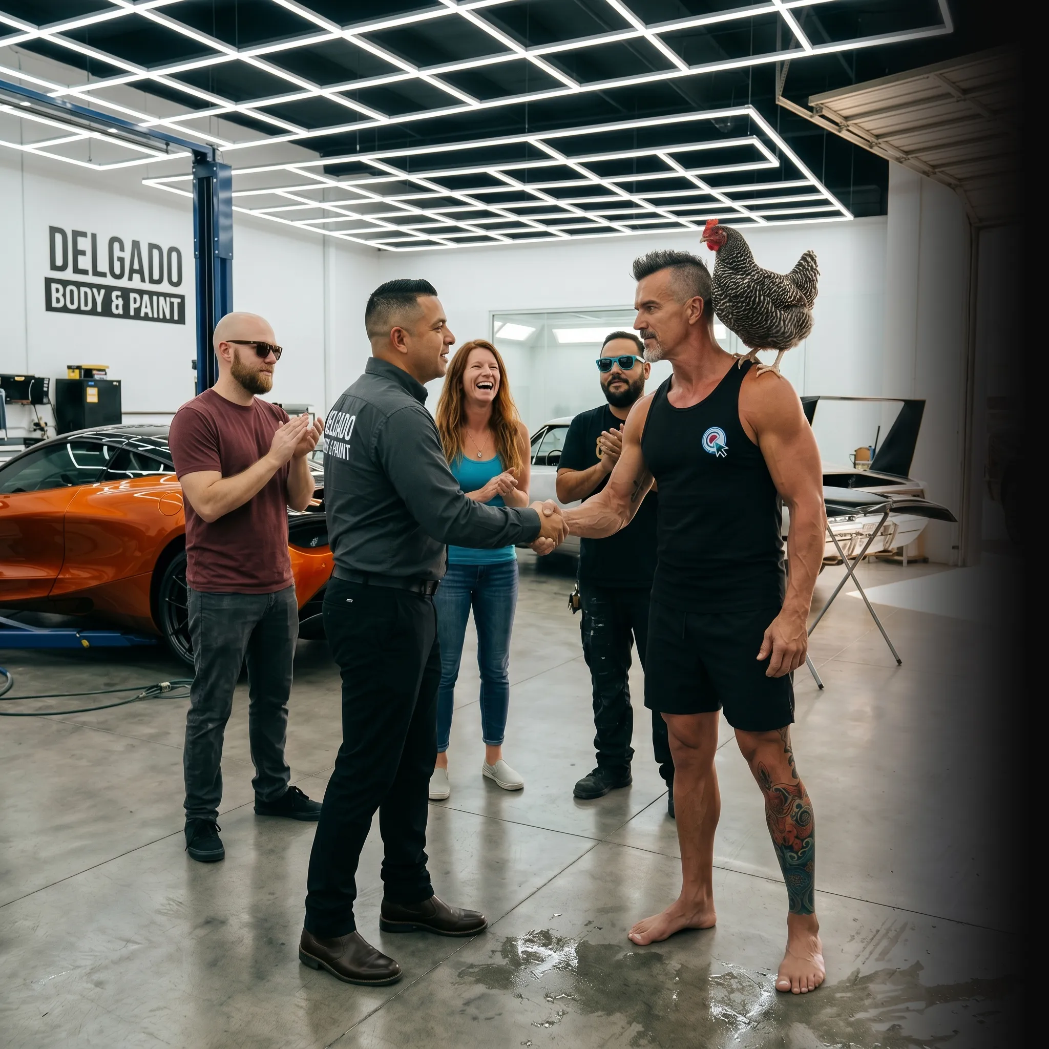 First Coast auto body crew selfie at sunset — social media for auto body shops