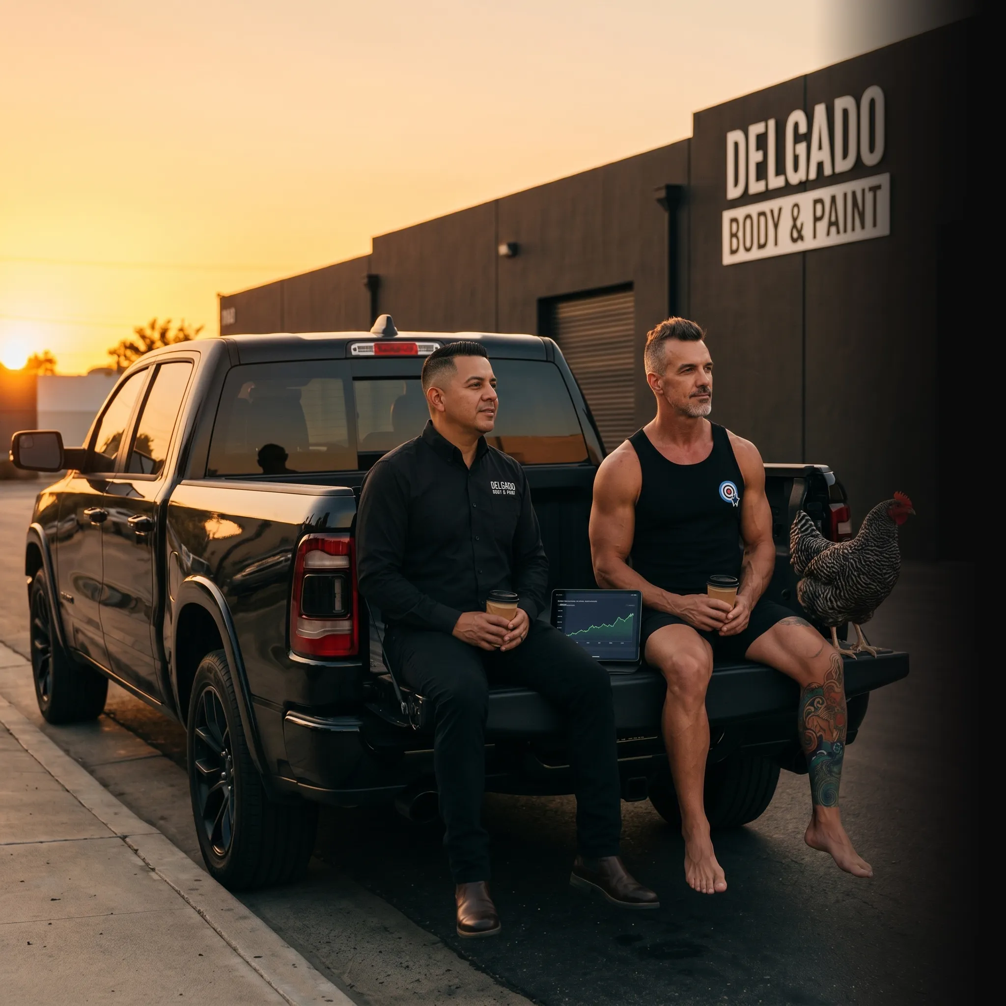 auto body partners on tailgate with revenue dashboard — one unified marketing system