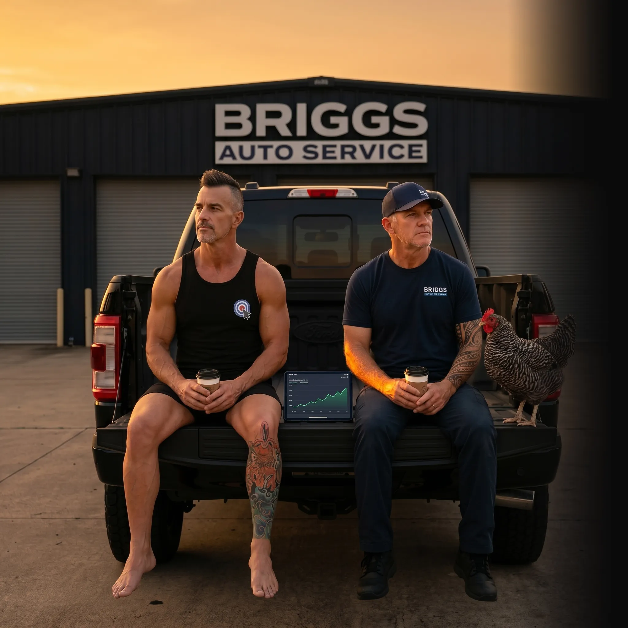 auto repair partners on tailgate with revenue dashboard — one unified marketing system