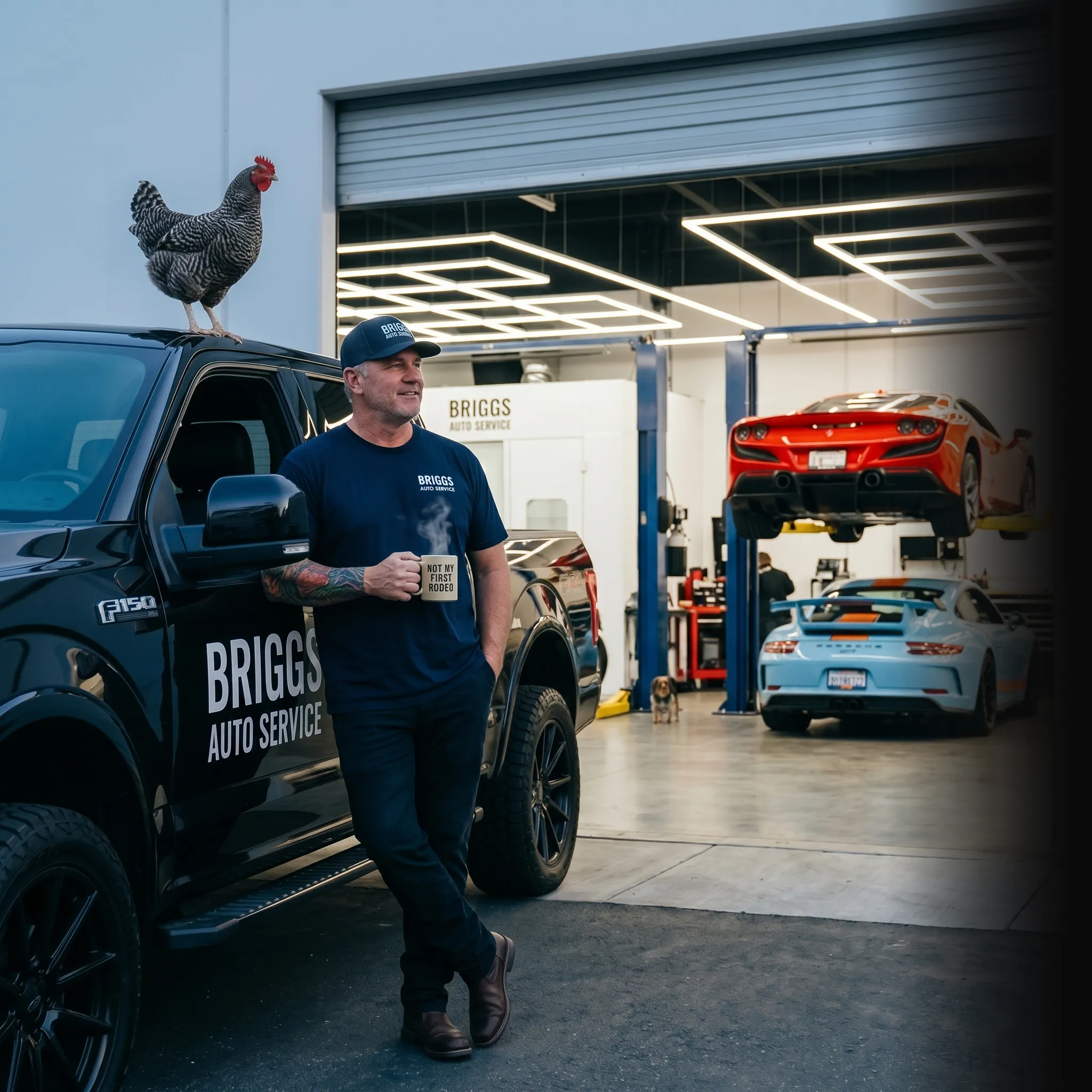 First Coast auto repair owner with crew working on roof — auto repair marketing services