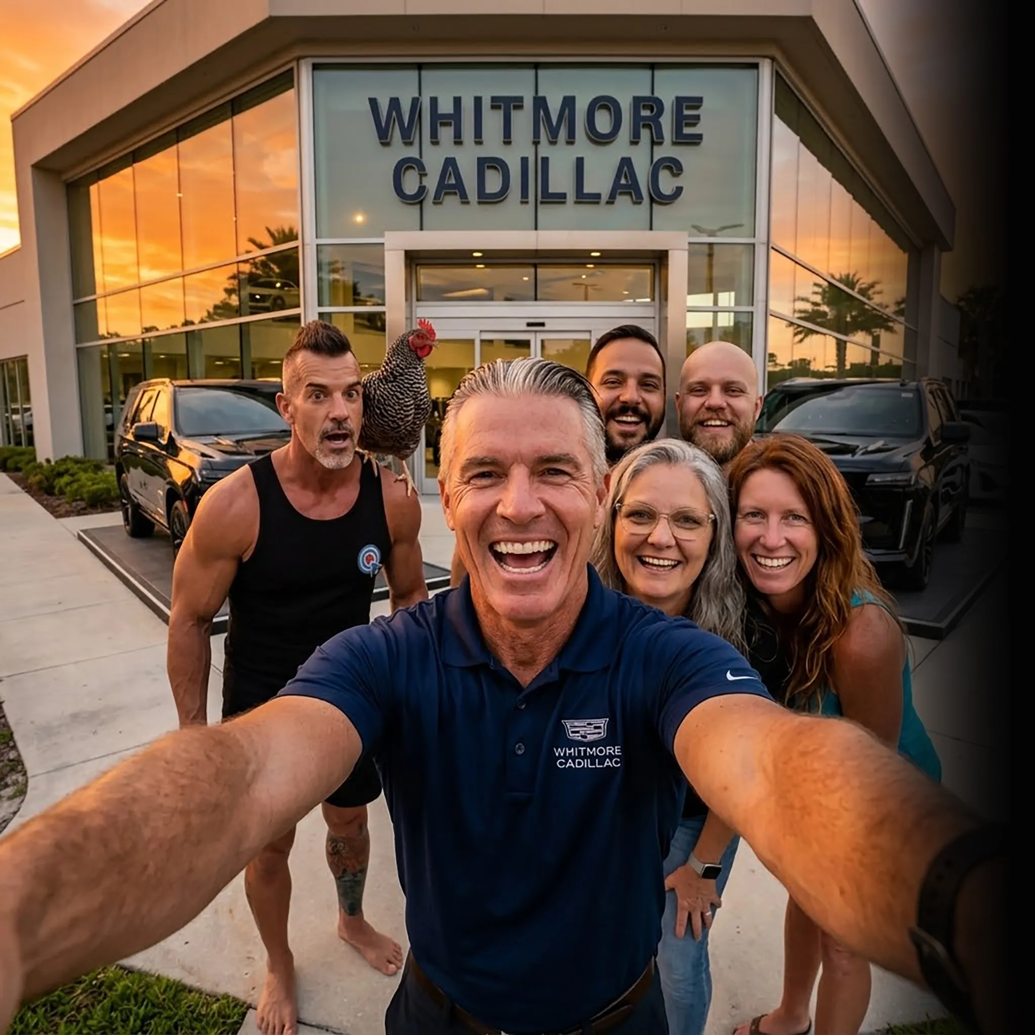 First Coast car dealership crew selfie at sunset — social media for car dealers