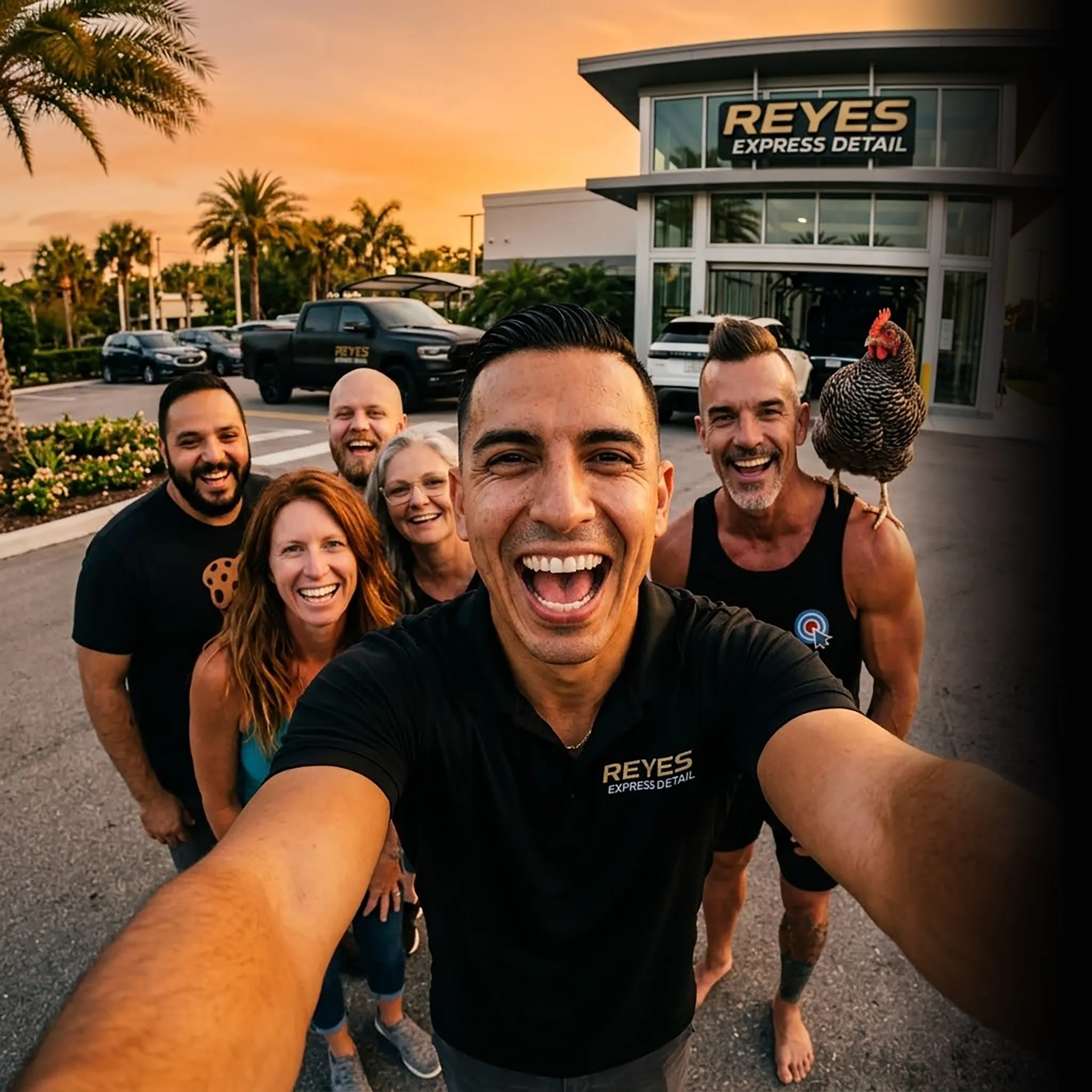 First Coast car wash crew selfie at sunset — social media for car washes
