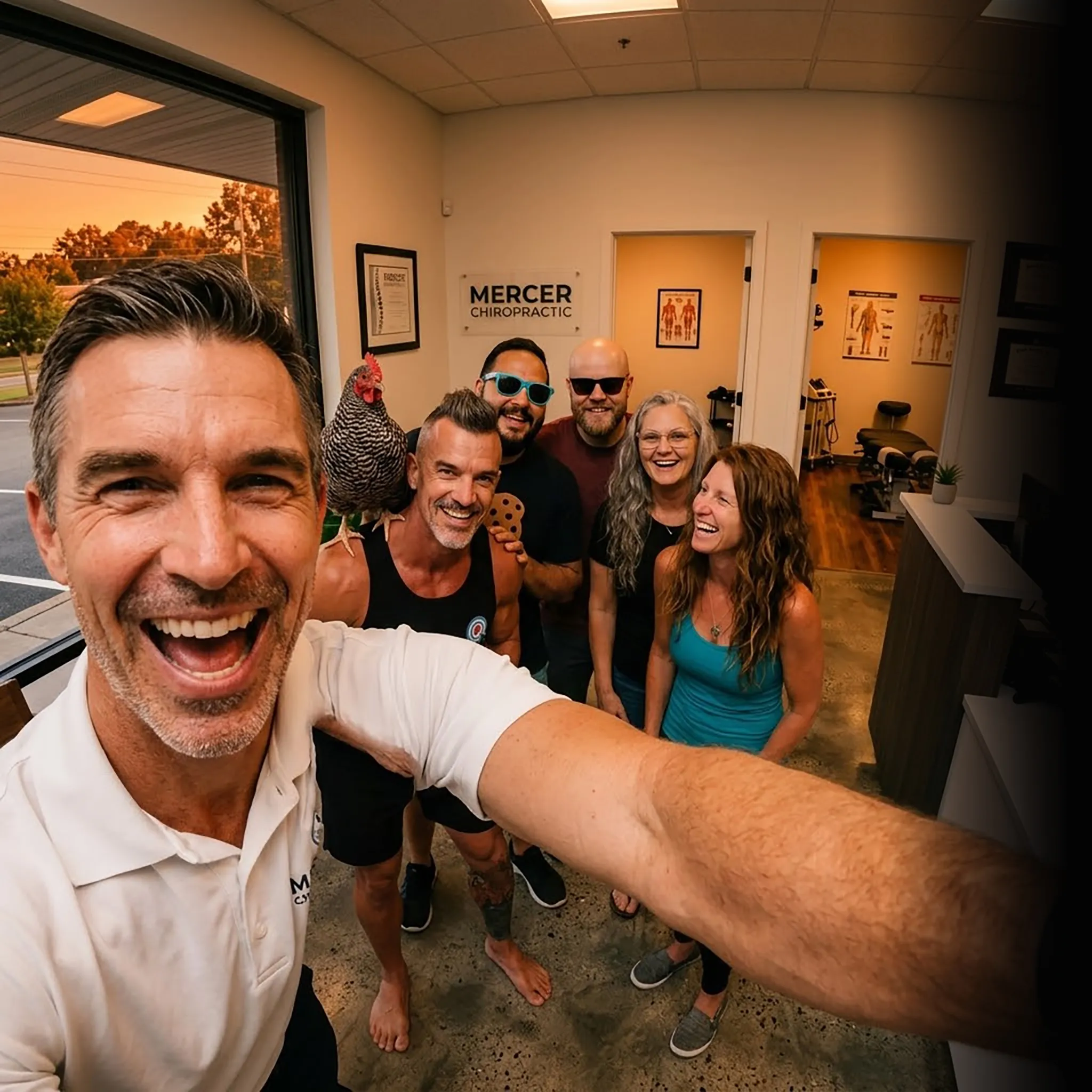 First Coast chiropractic crew selfie at sunset — social media for chiropractors