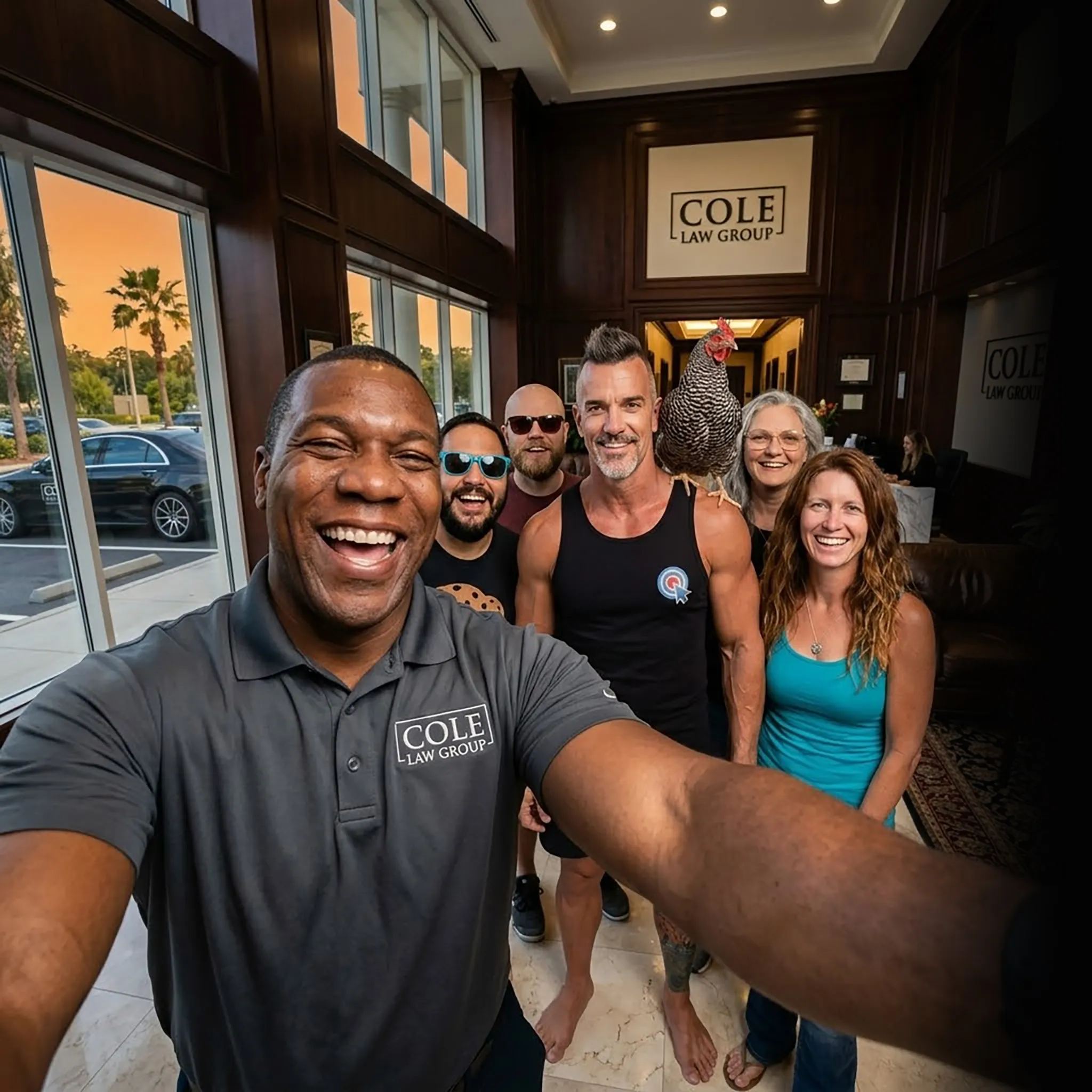 First Coast criminal defense crew selfie at sunset — social media for criminal lawyers