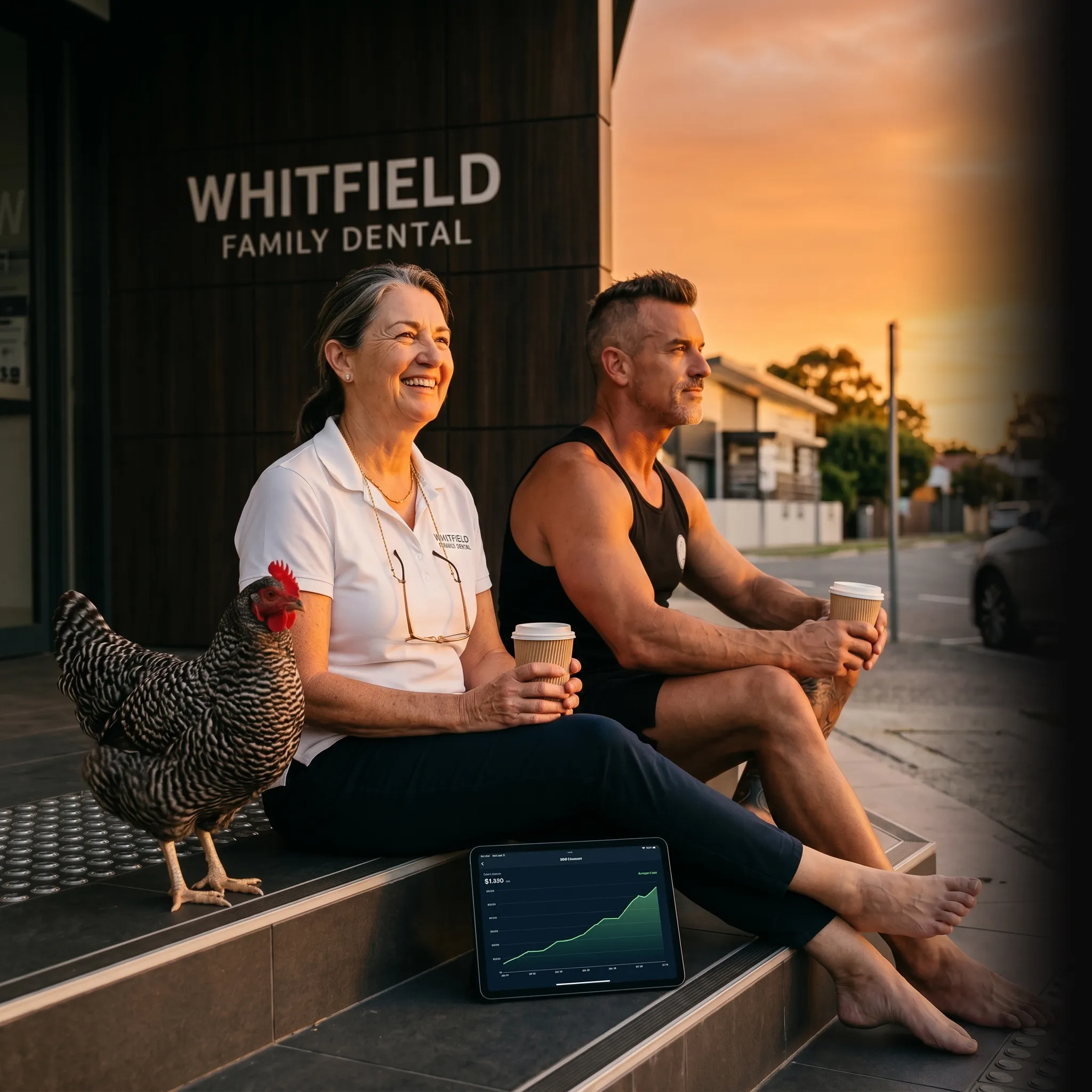 Dental partners on tailgate with revenue dashboard — one unified marketing system