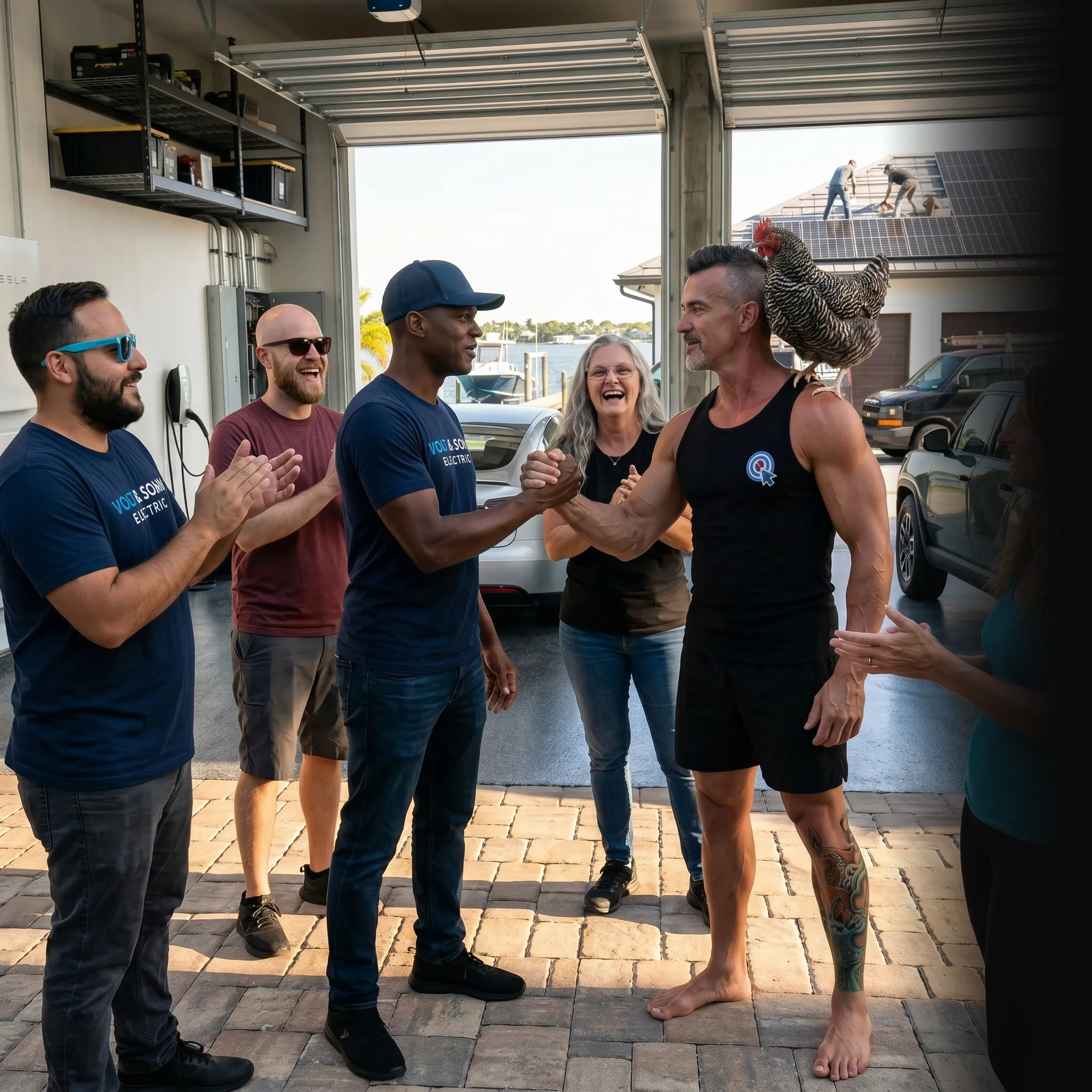 First Coast electrical crew selfie at sunset — social media for electricians