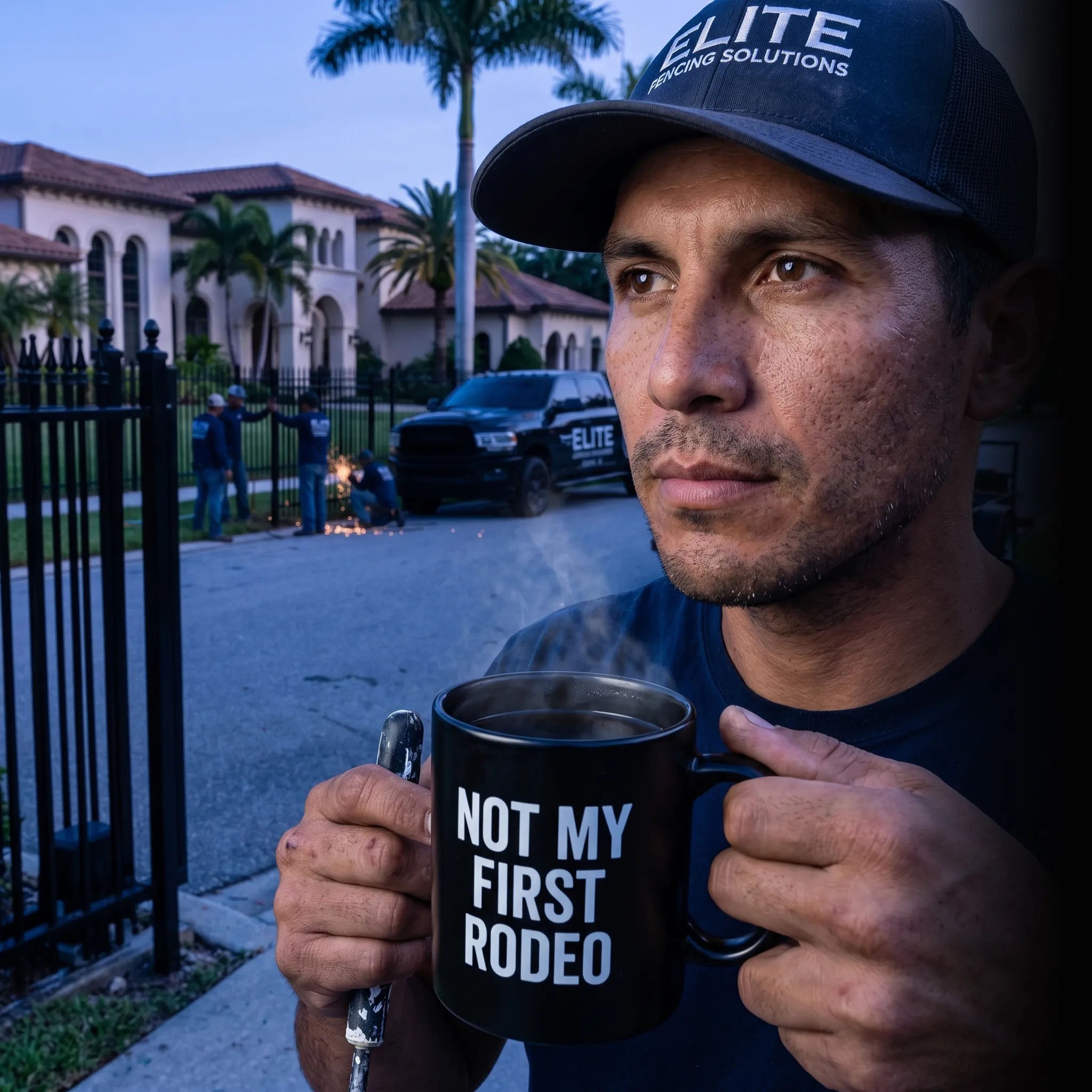 First Coast fencing owner with crew working on roof — fencing marketing services