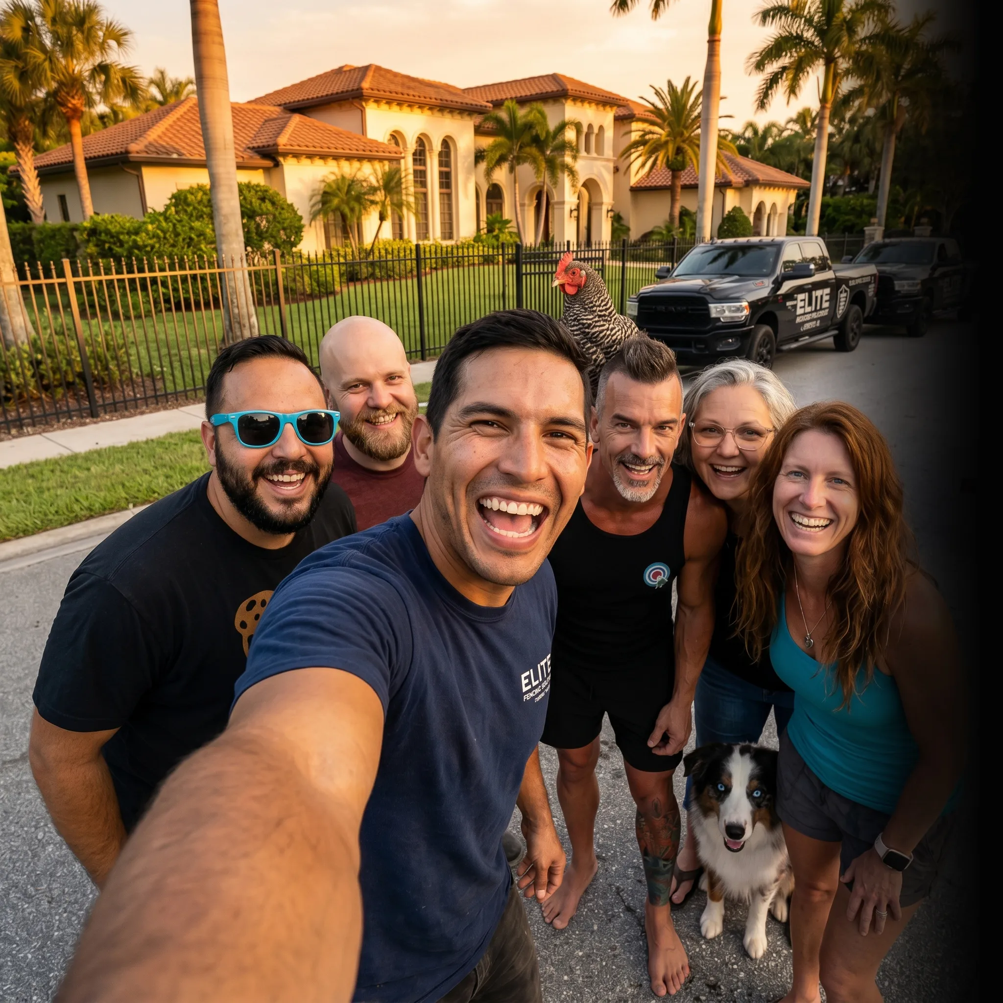 First Coast fencing crew selfie at sunset — social media for fencing companies