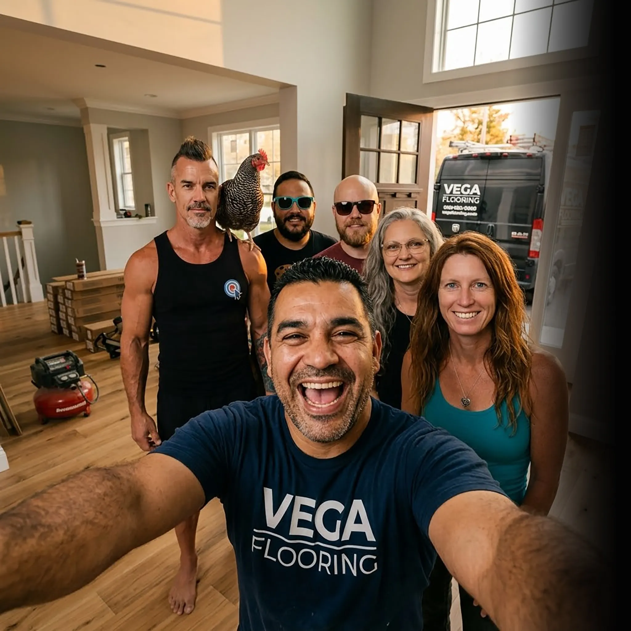 First Coast flooring crew selfie at sunset — social media for flooring companies