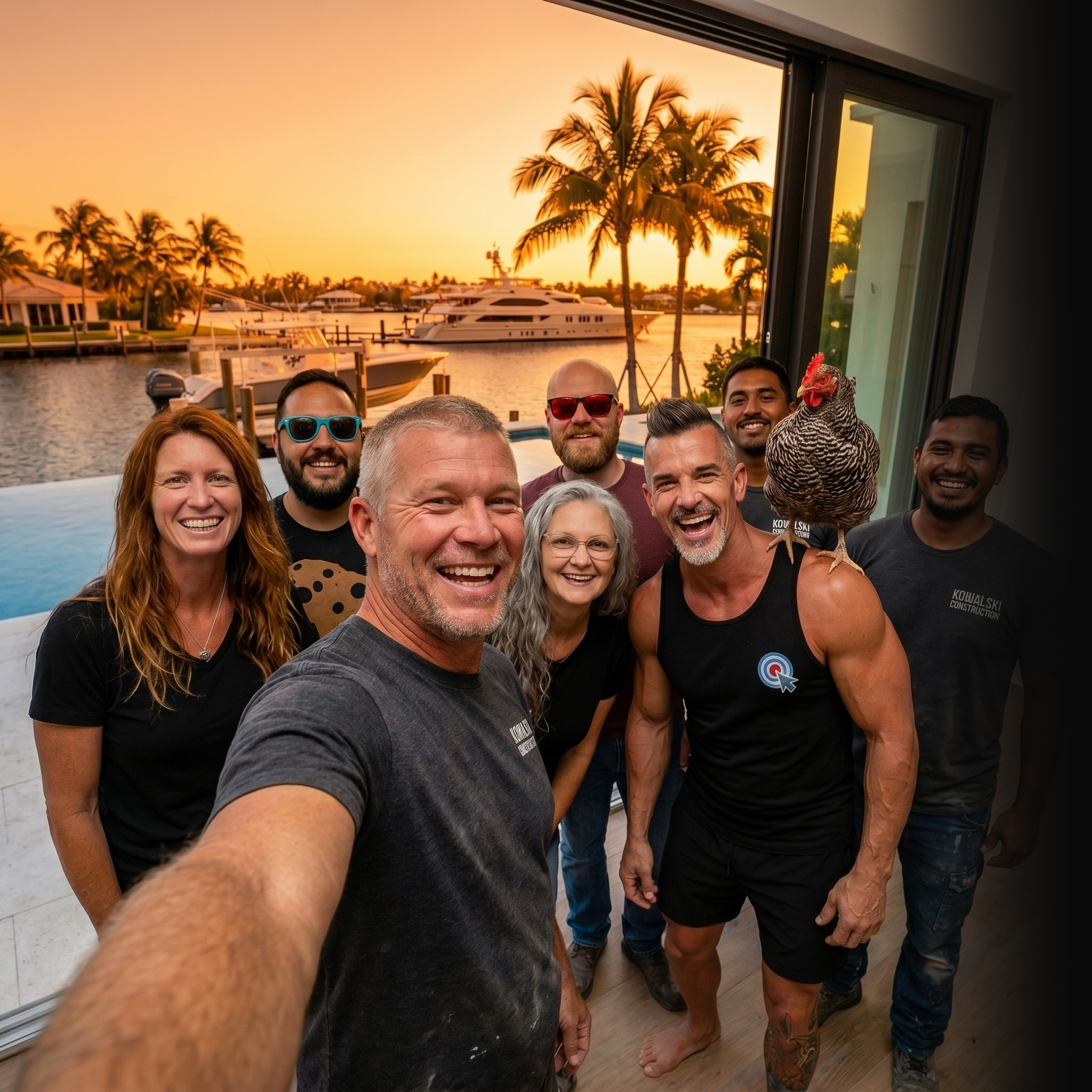 First Coast General Contractor crew selfie at sunset — social media for general contractors