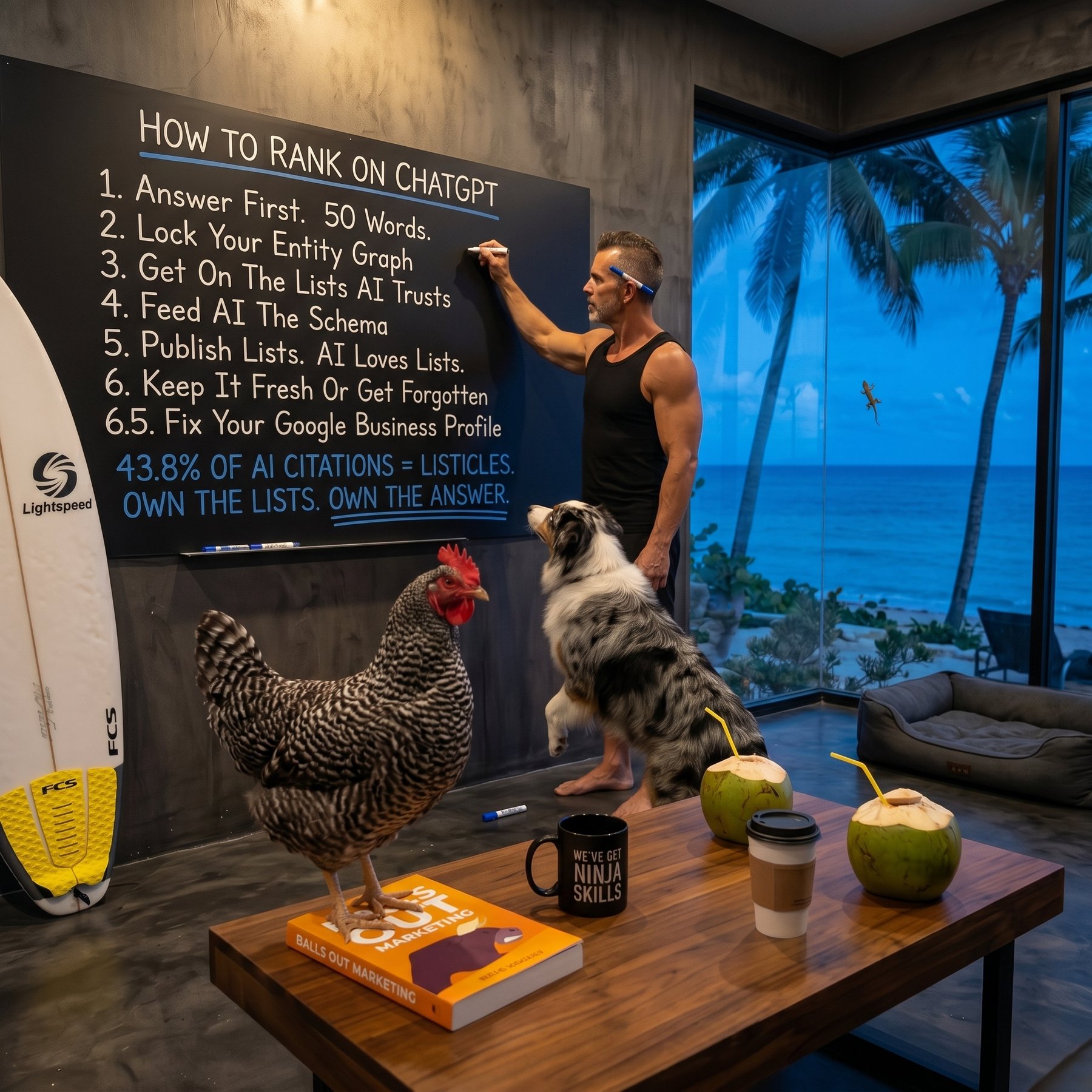 Peter Roesler at the chalkboard showing the 6.5 steps to rank on ChatGPT, with the chicken, dog, and surfboard in the Florida beach studio