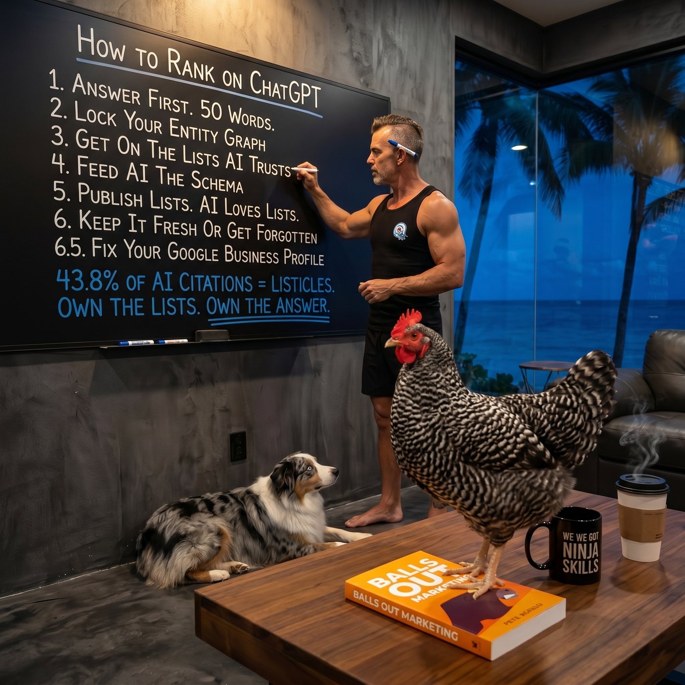 Peter Roesler writing the 6.5 steps to rank on ChatGPT on a chalkboard