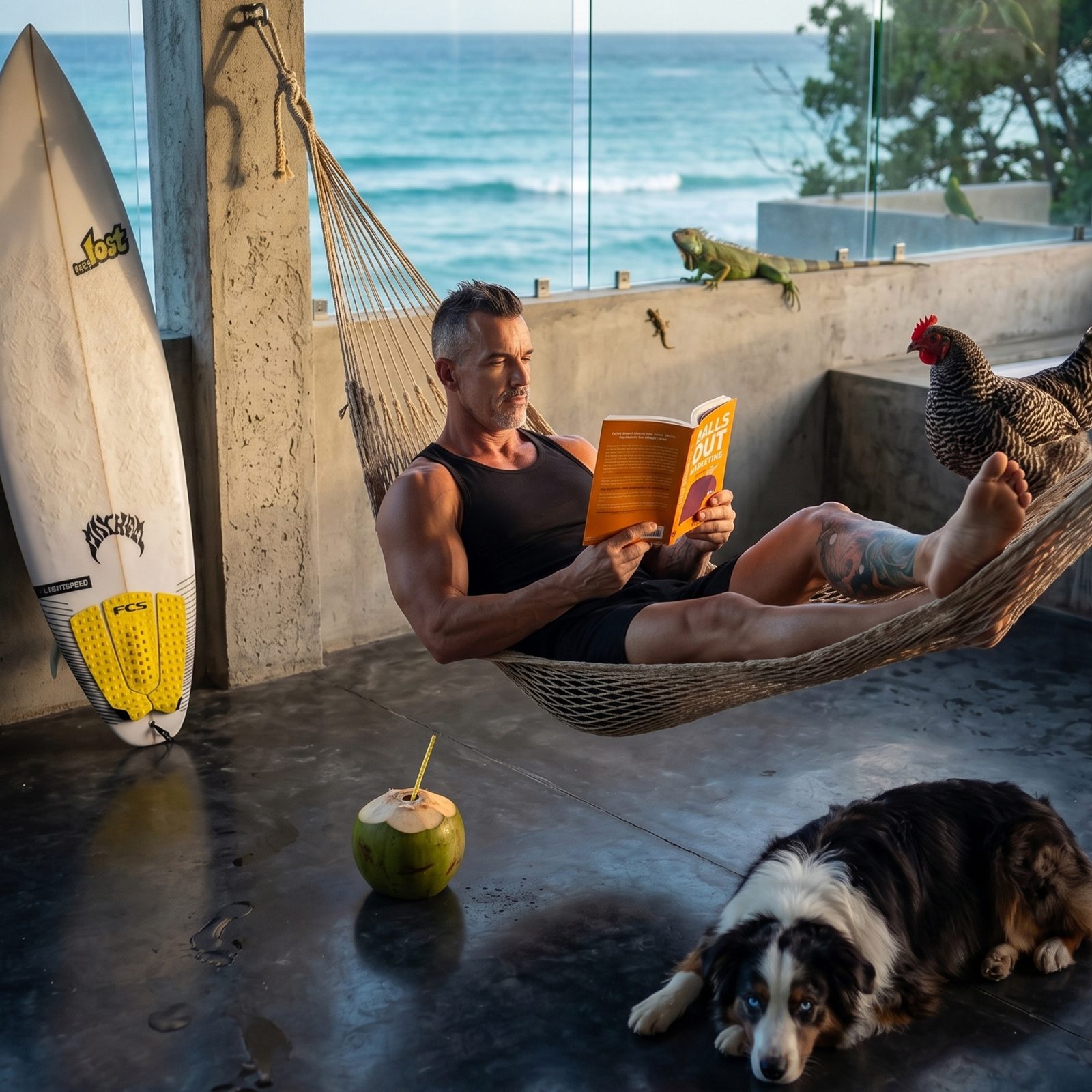 Peter Roesler in a hammock, iguana on the railing, dog at his feet, coconut on the table, reading the Balls Out Marketing book