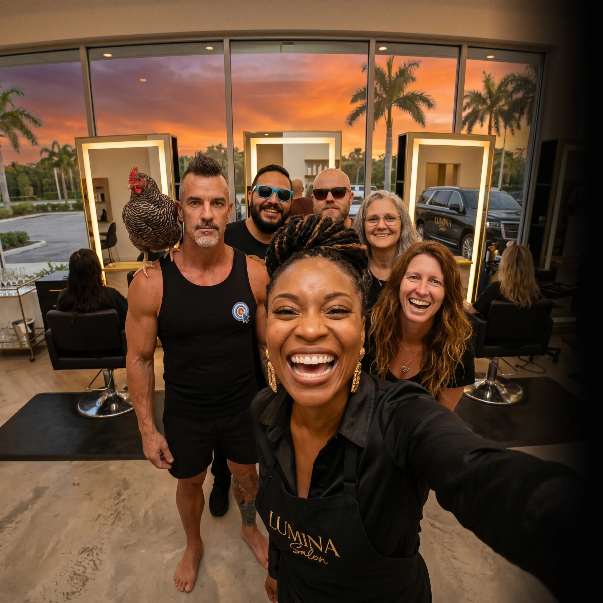 First Coast hair salon crew selfie at sunset — social media for hair salons