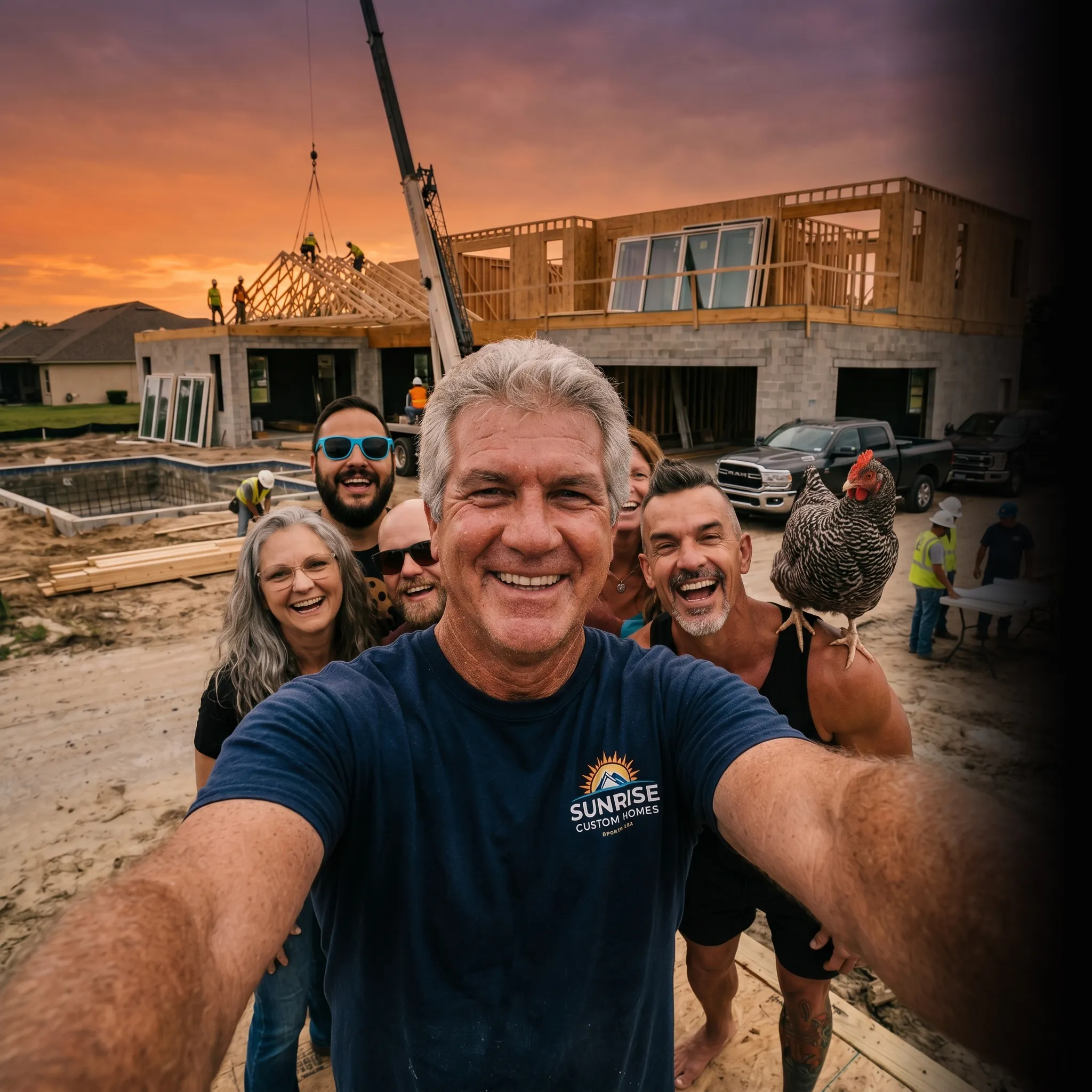 First Coast home building crew selfie at sunset — social media for home builders