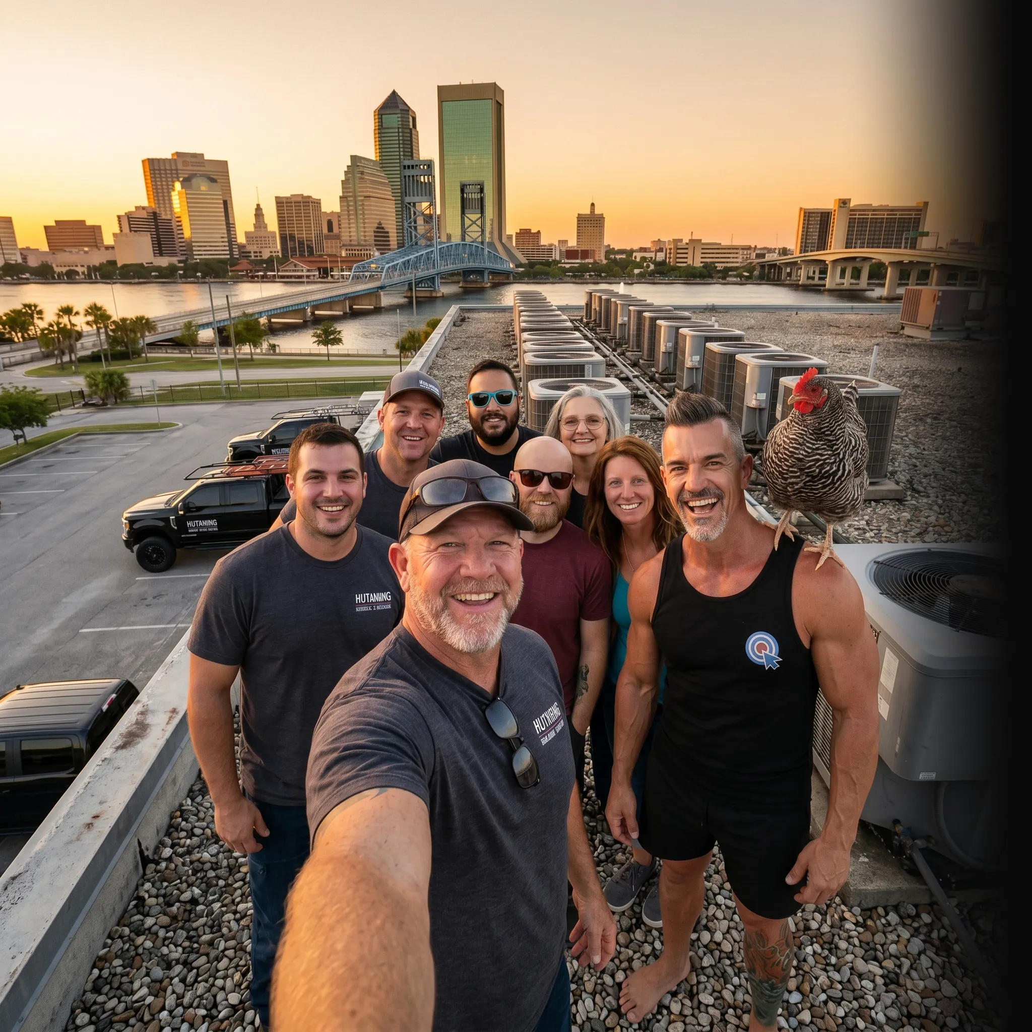 First Coast HVAC crew selfie at sunset — social media for HVAC companies