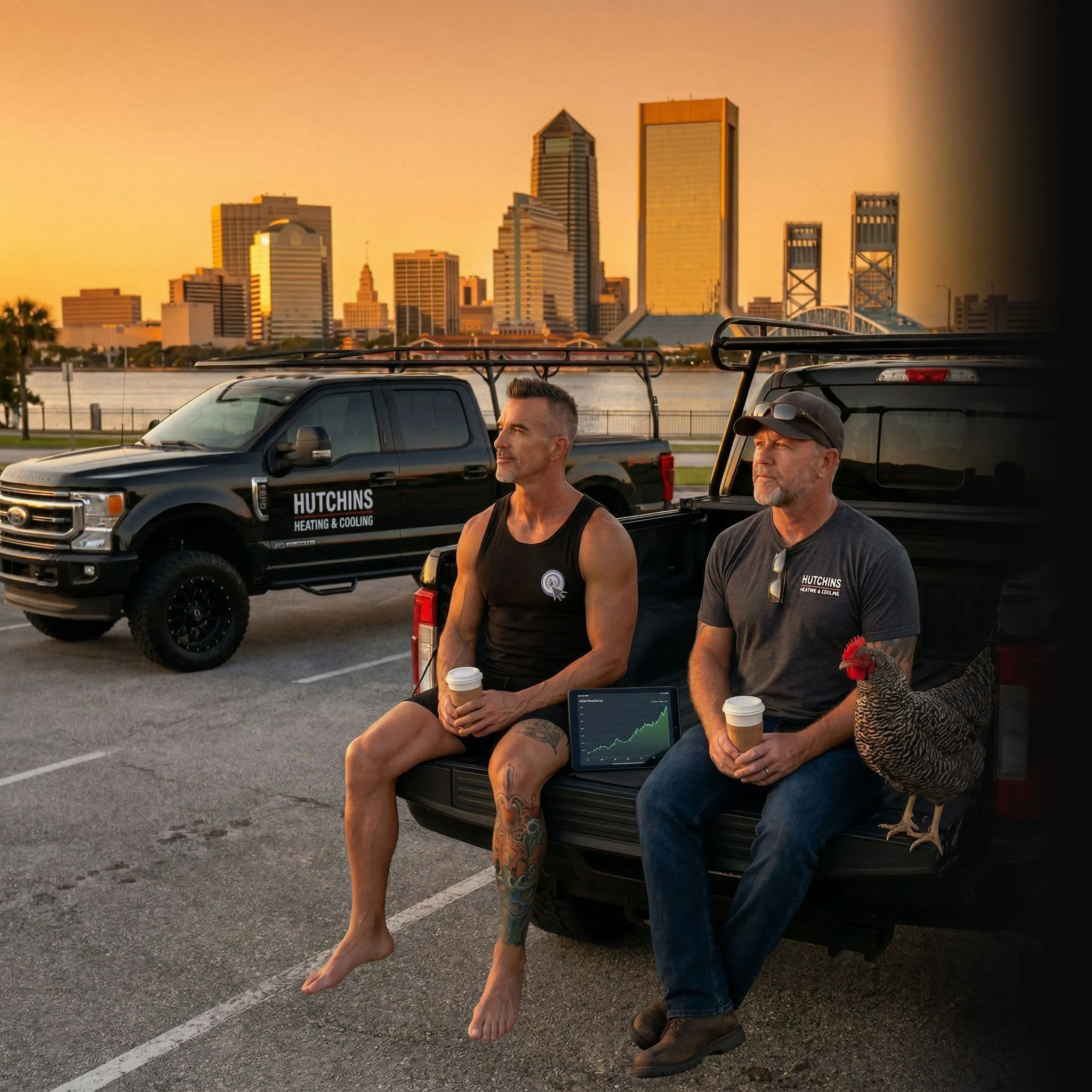 HVAC partners on tailgate with revenue dashboard — one unified marketing system