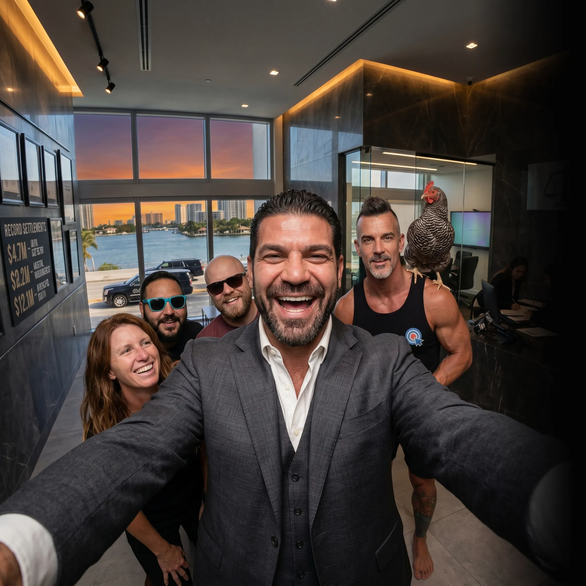 First Coast personal injury crew selfie at sunset — social media for personal injury lawyers