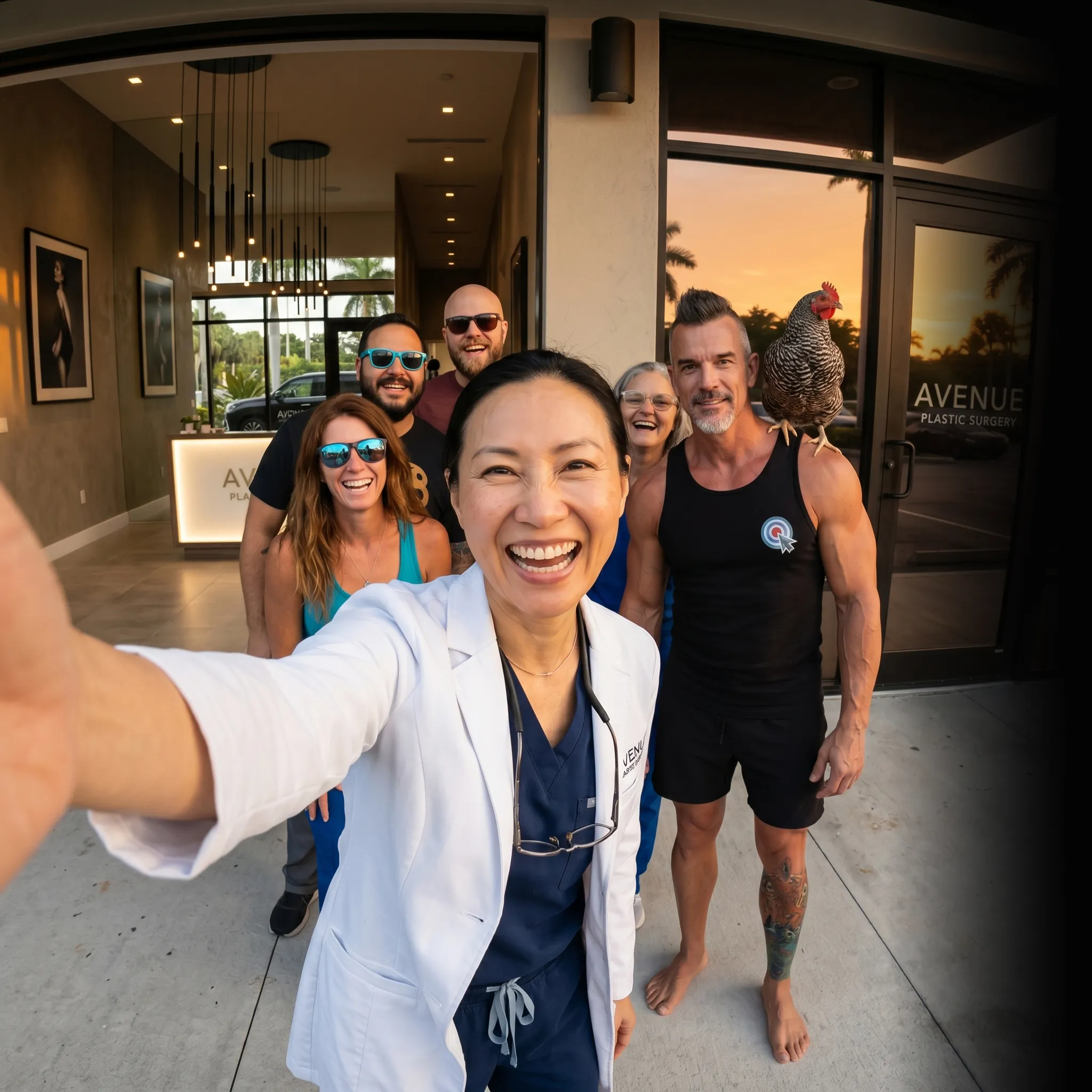 First Coast plastic surgery crew selfie at sunset — social media for plastic surgeons