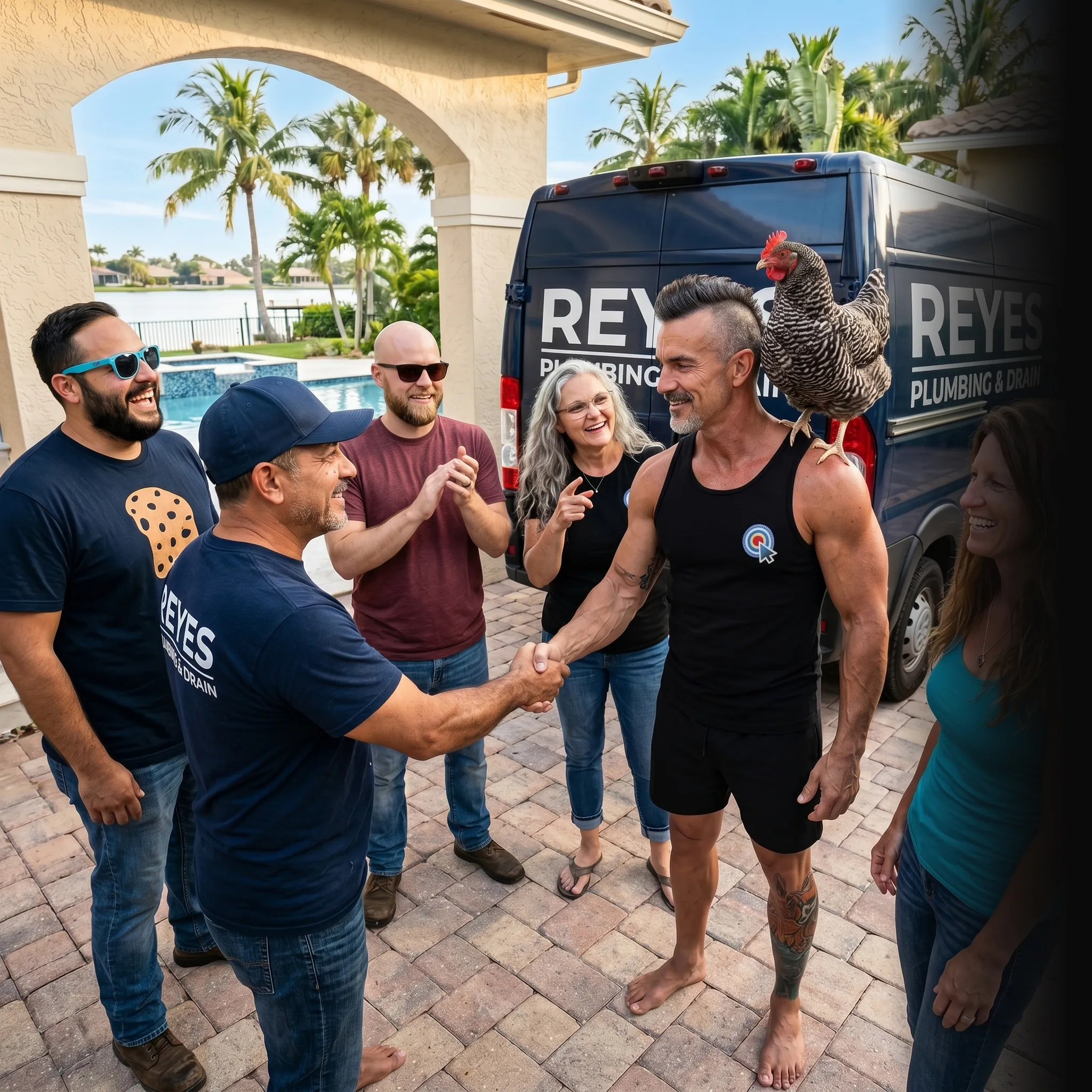 First Coast plumbing crew selfie at sunset — social media for plumbers