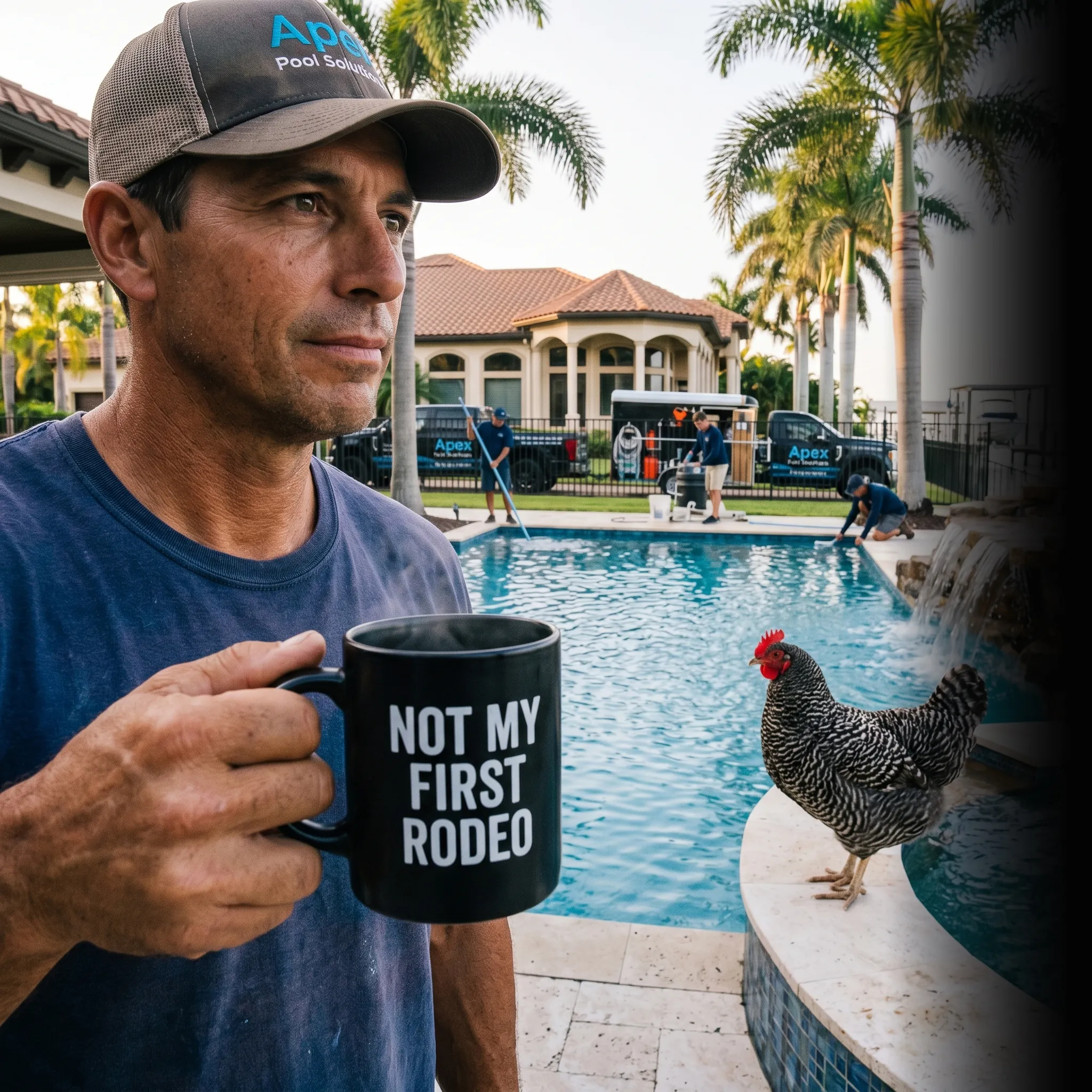 First Coast pool maintenance owner with crew working on roof — pool maintenance marketing services