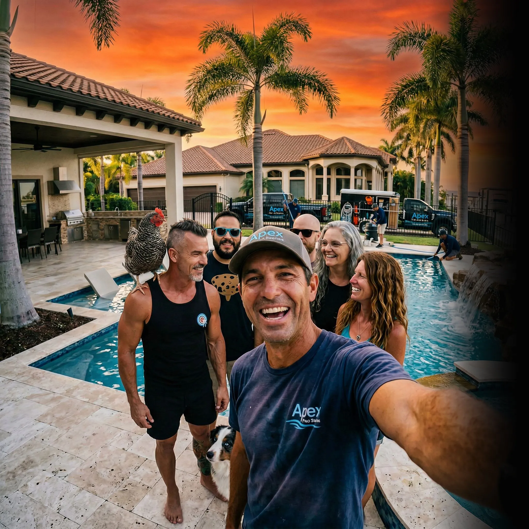 First Coast pool maintenance crew selfie at sunset — social media for pool service companies