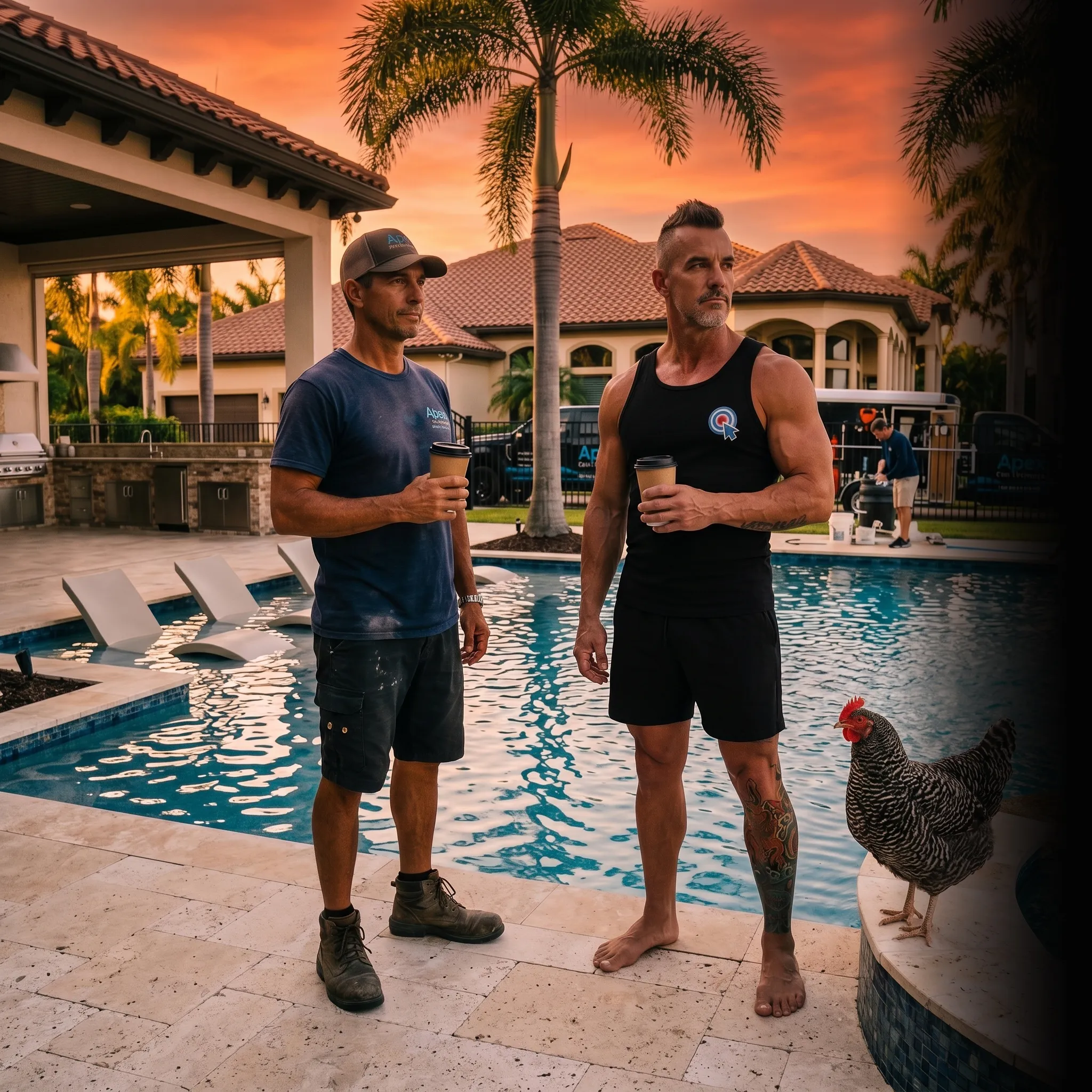 pool maintenance partners on tailgate with revenue dashboard — one unified marketing system