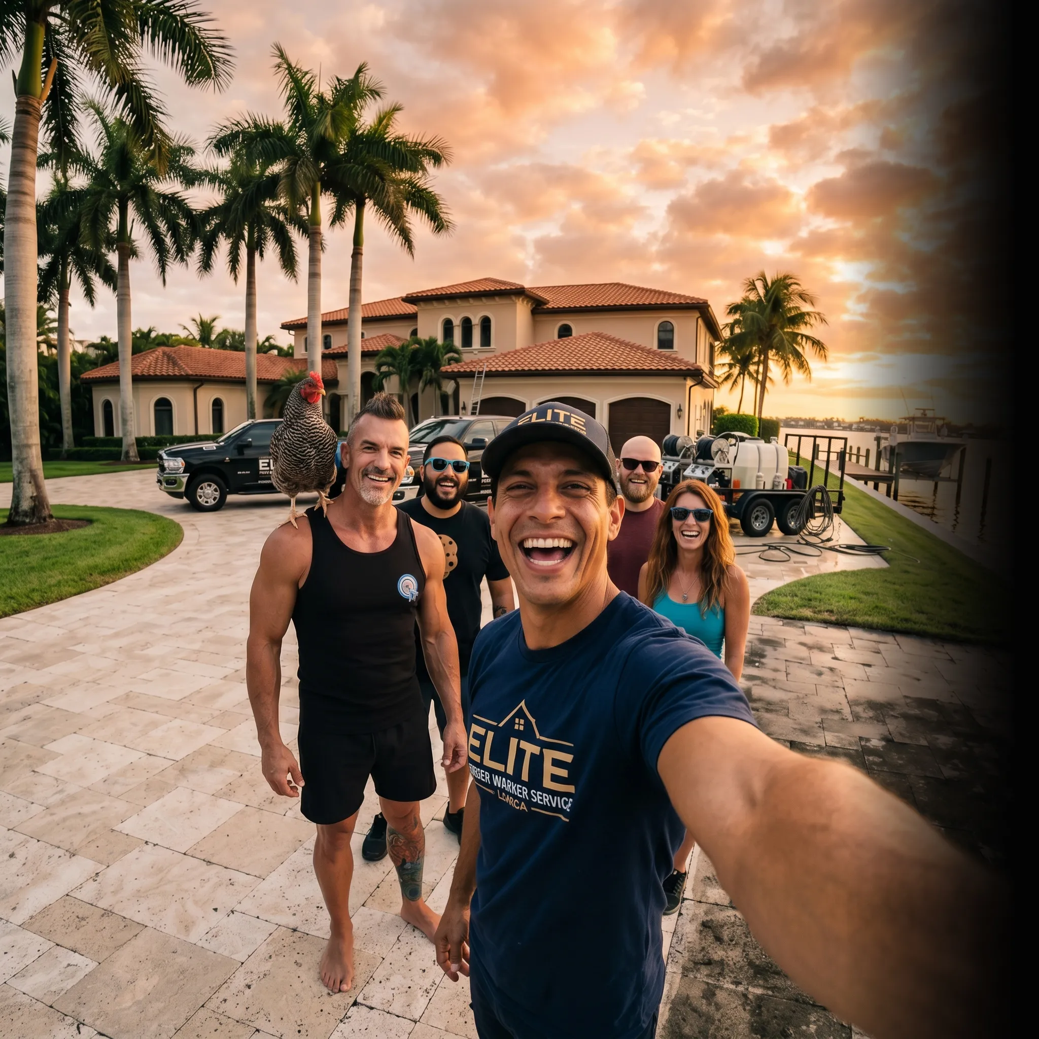 First Coast power washing crew selfie at sunset — social media for power washing companies
