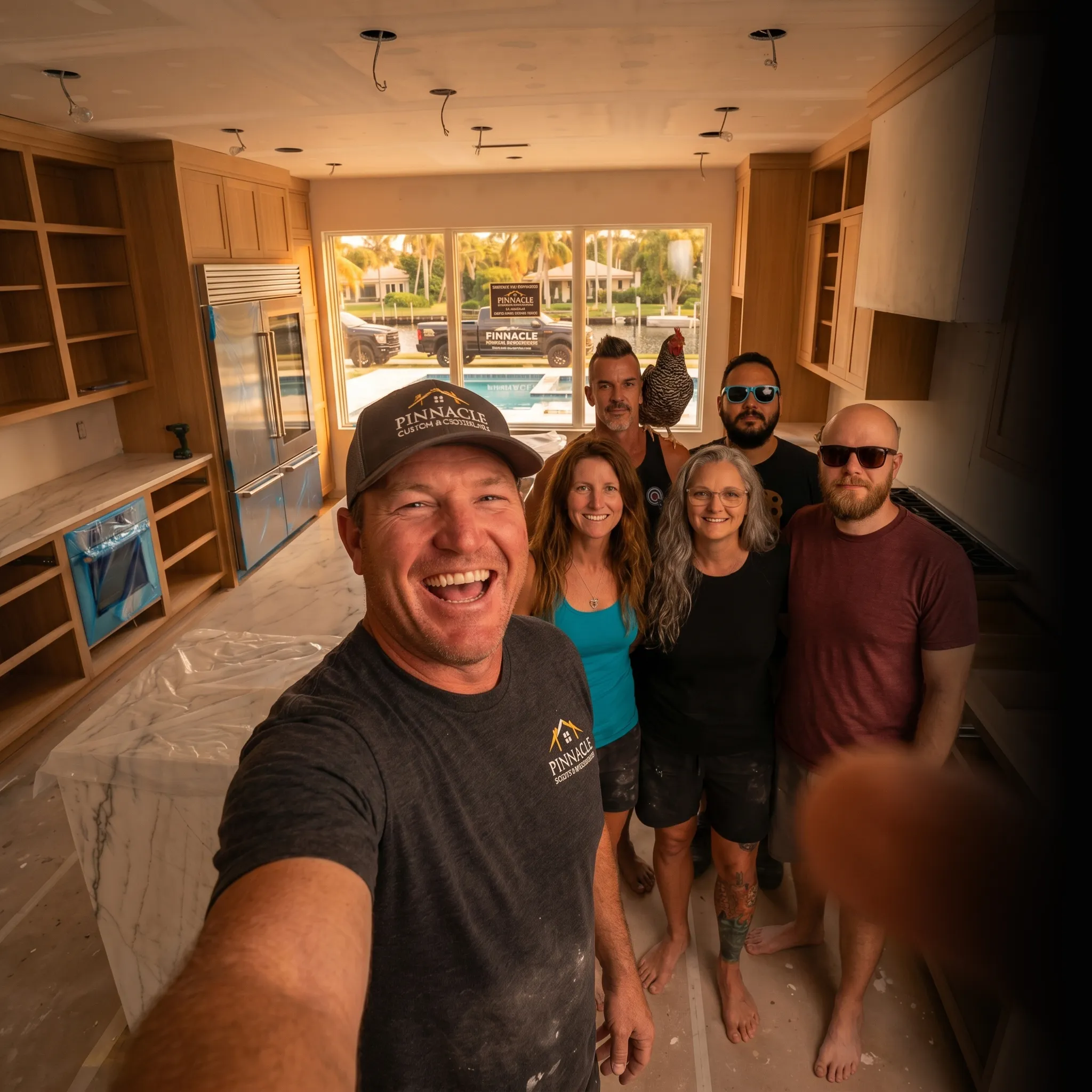 First Coast remodeling crew selfie at sunset — social media for remodelers