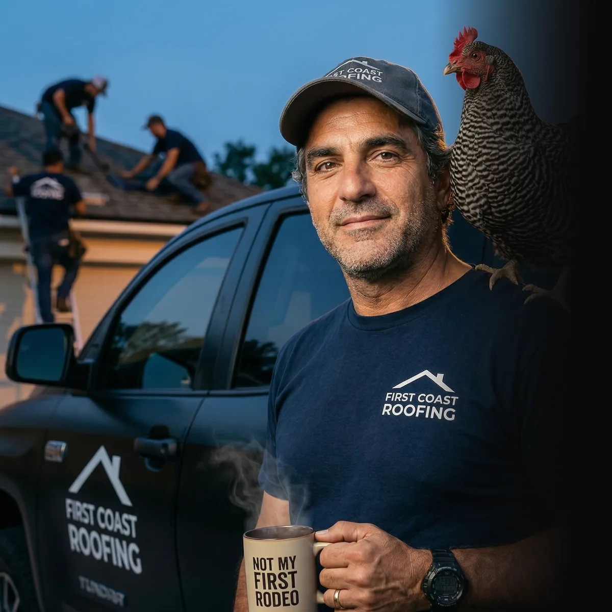 First Coast Roofing owner with crew working on roof — roofing marketing services