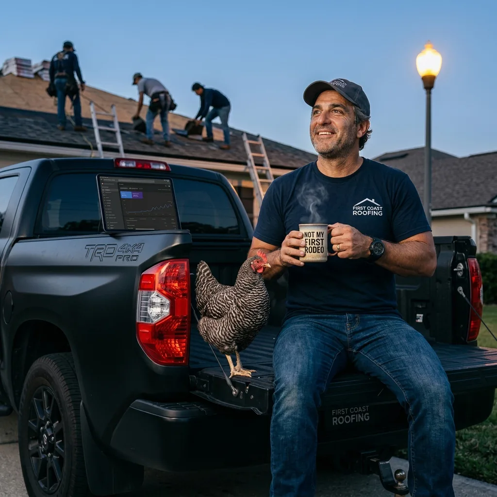 First Coast Roofing owner on tailgate with analytics — SEO and AI search for roofers