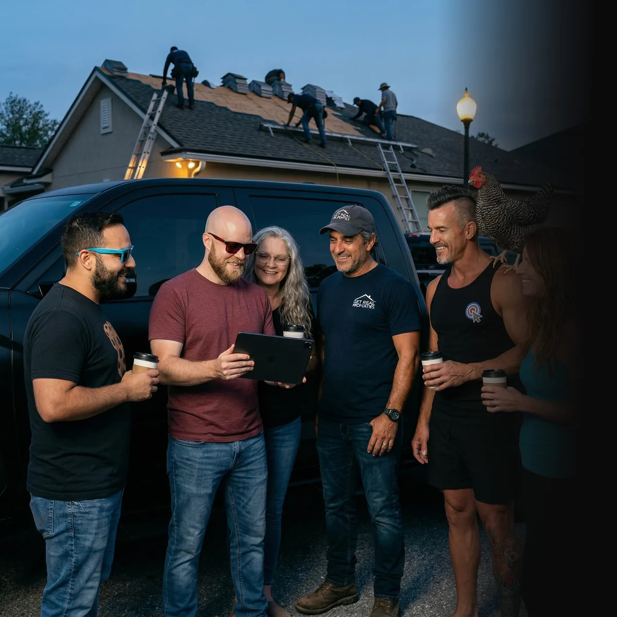 Roofing team reviewing campaign data on tablet — Google Ads for roofers
