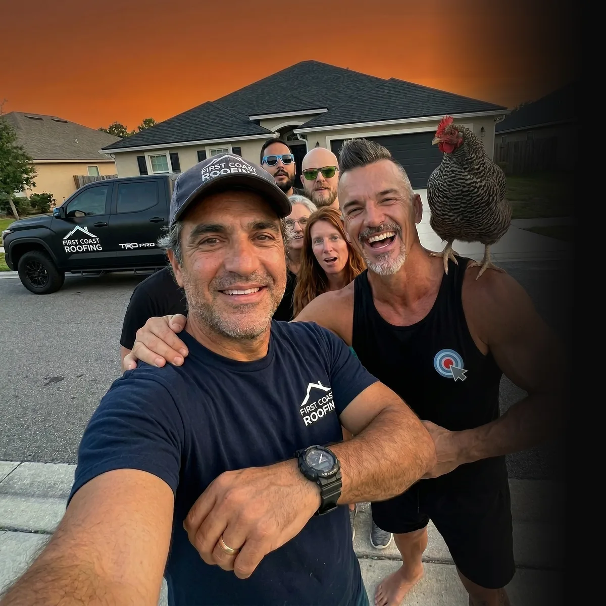 First Coast Roofing crew selfie at sunset — social media for roofers