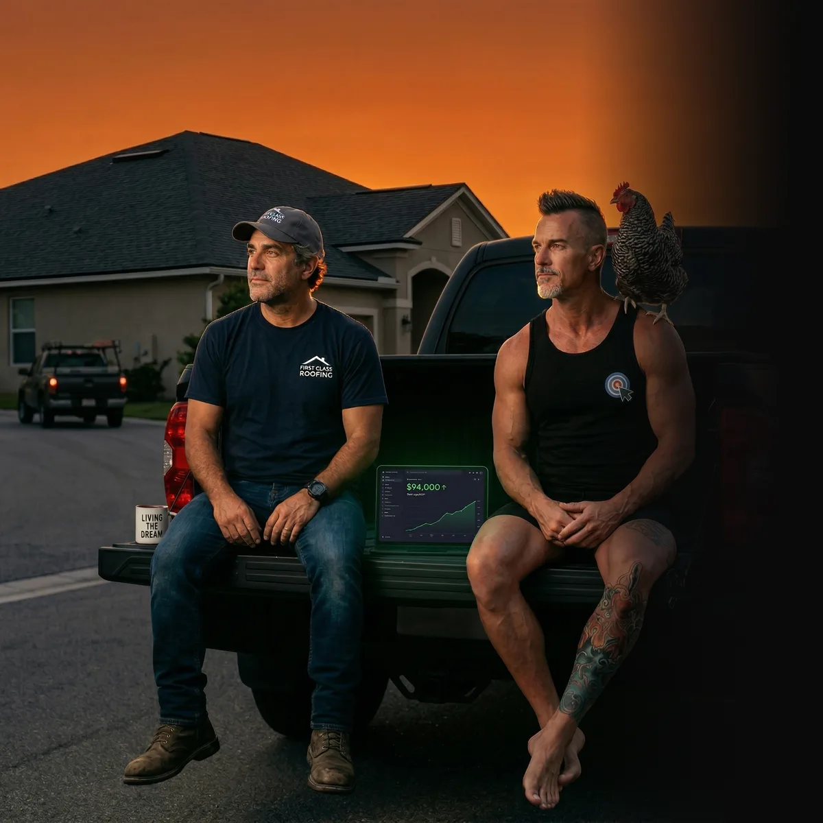 Roofing partners on tailgate with revenue dashboard — one unified marketing system