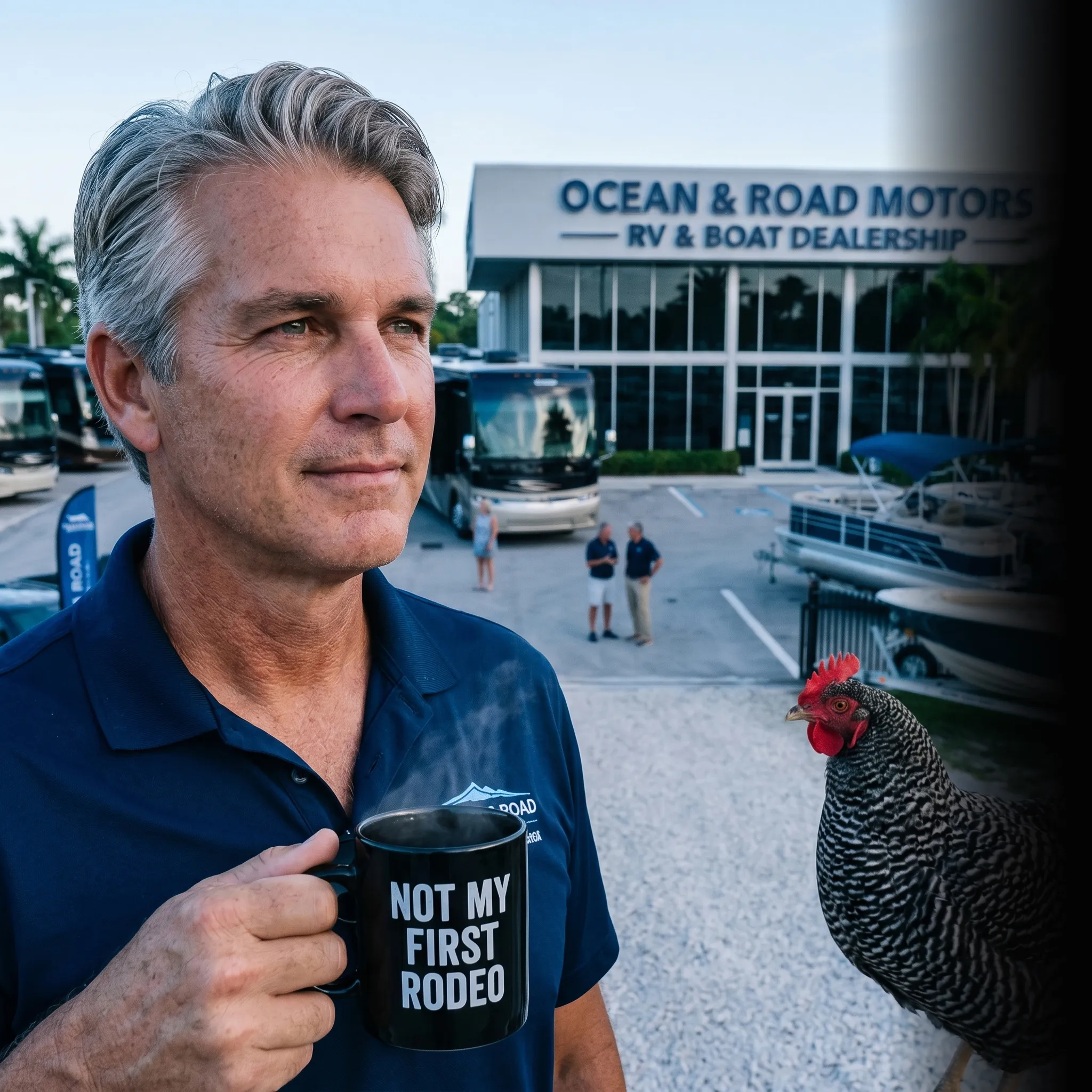 First Coast RV and boat dealership owner with crew working on roof — RV and boat dealership marketing services