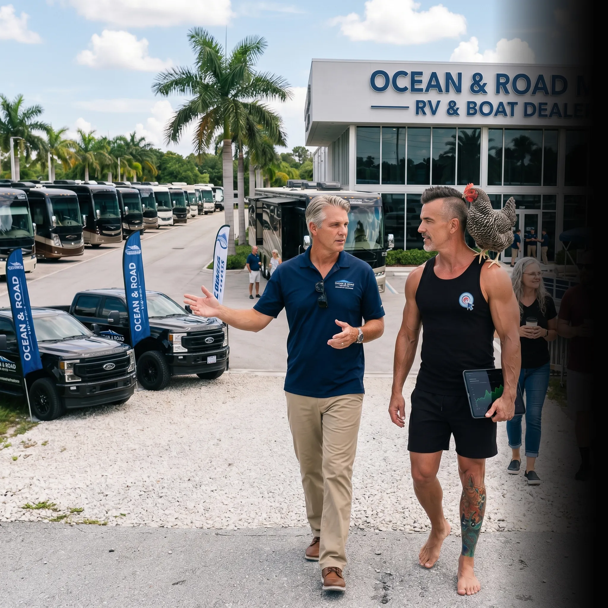First Coast RV and boat dealership owner on tailgate with analytics — SEO and AI search for RV and boat dealers