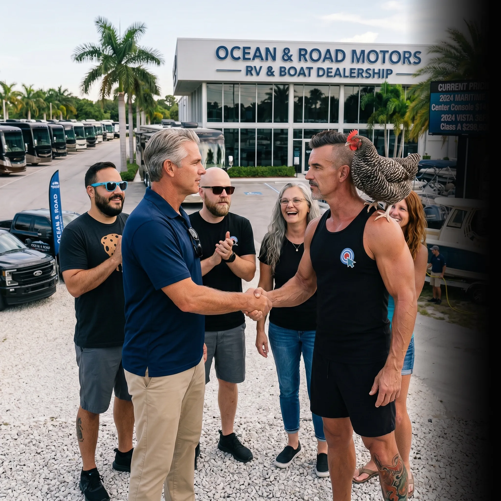 RV and boat dealership team reviewing campaign data on tablet — Google Ads for RV and boat dealers