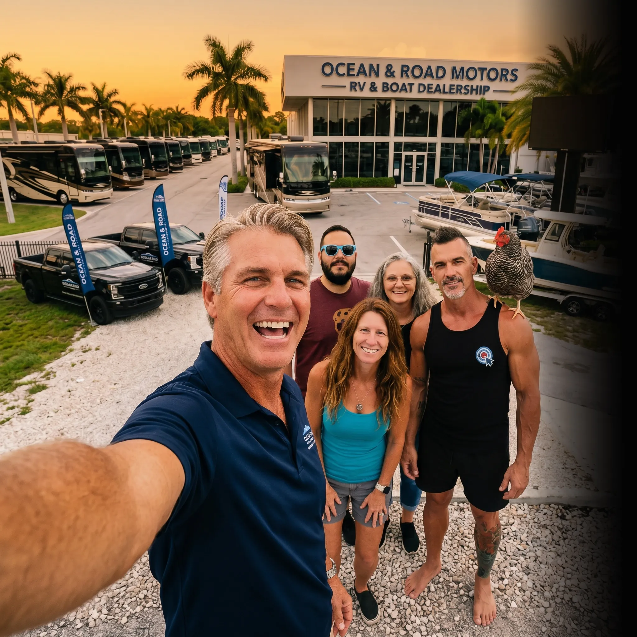 First Coast RV and boat dealership crew selfie at sunset — social media for RV and boat dealers