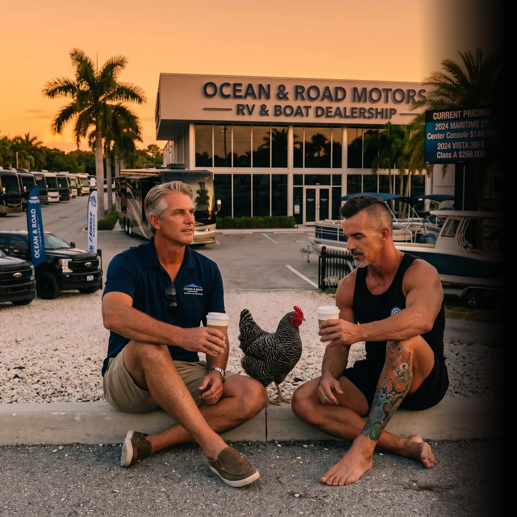 RV and boat dealership partners on tailgate with revenue dashboard — one unified marketing system