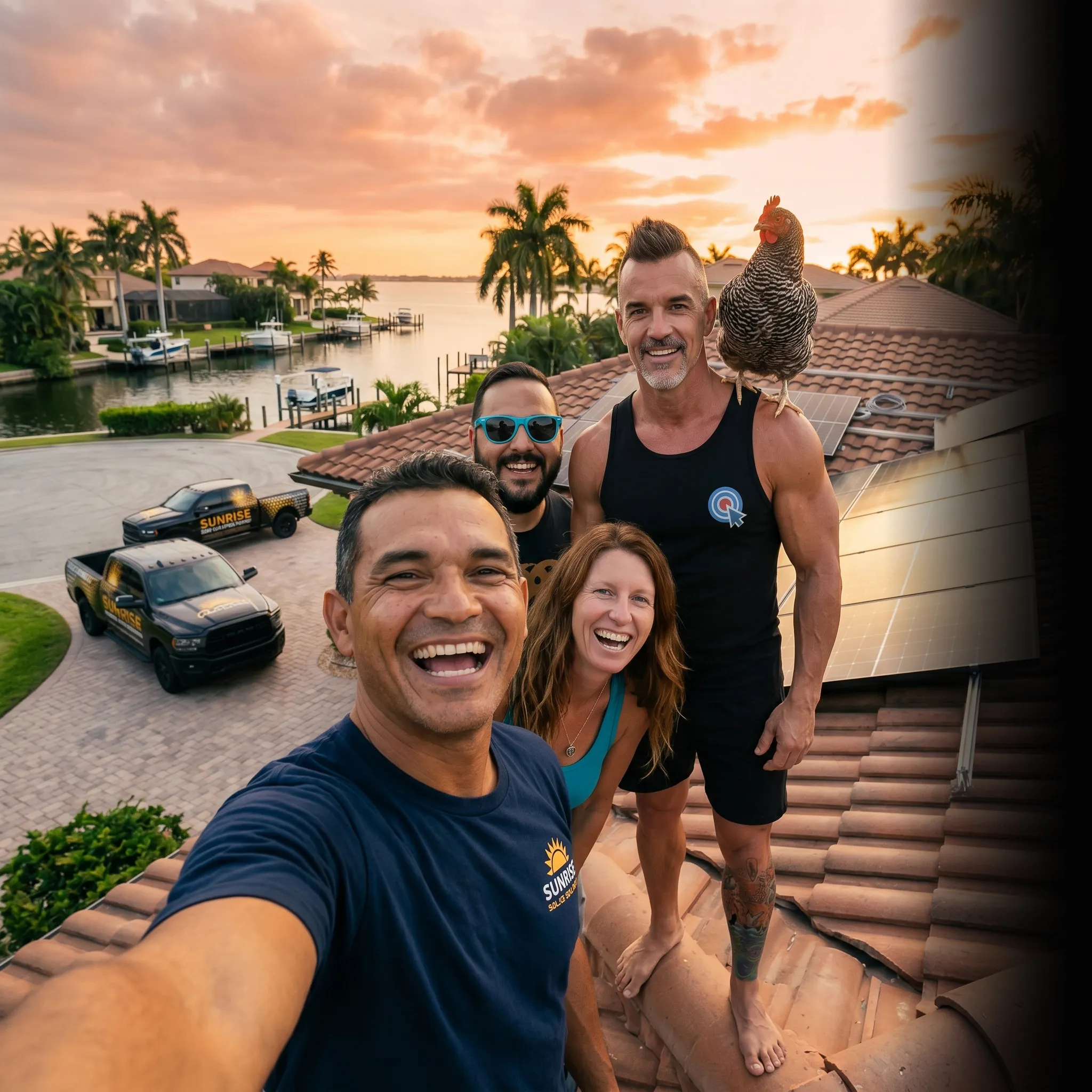 First Coast solar installation crew selfie at sunset — social media for solar installers