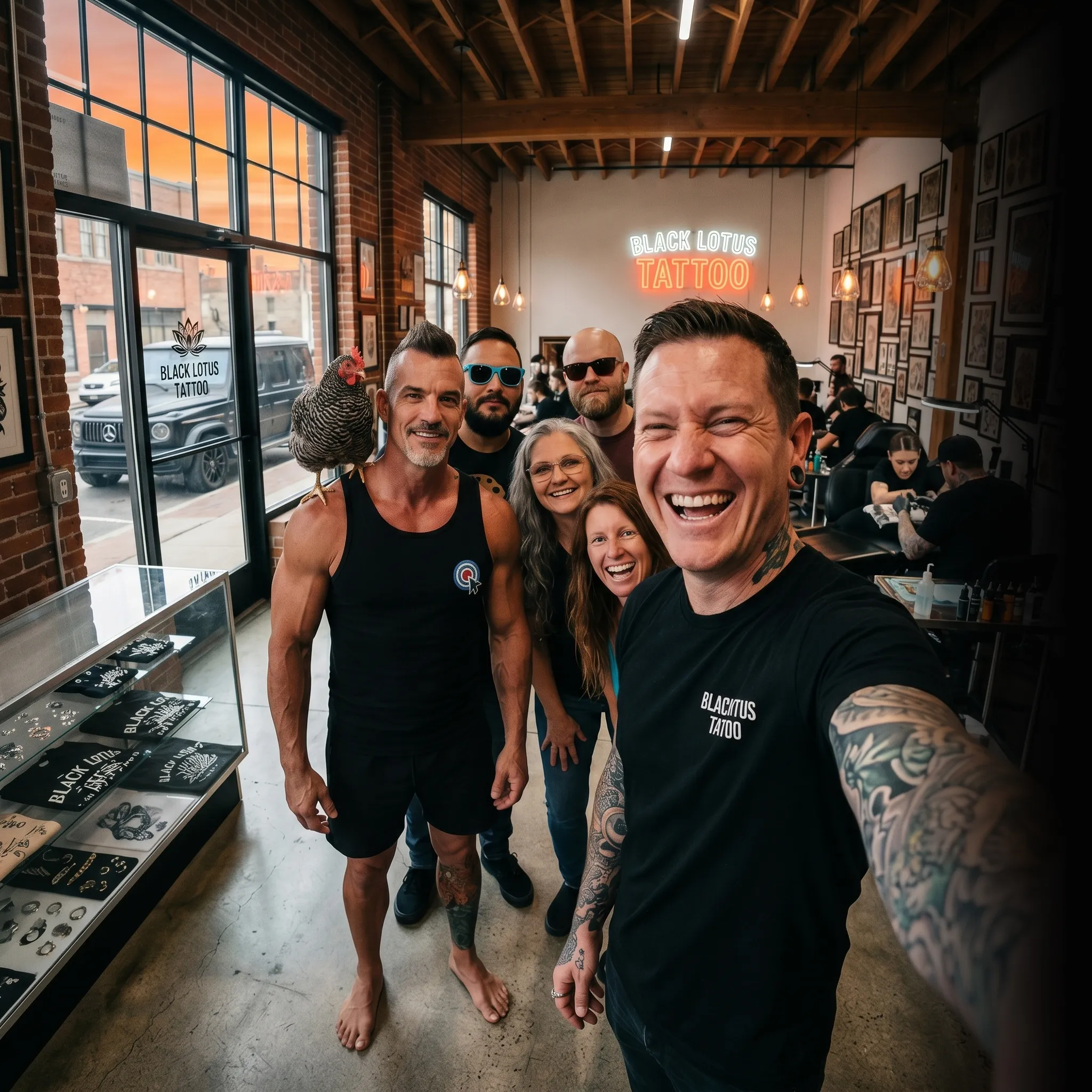 First Coast tattoo shop crew selfie at sunset — social media for tattoo artists