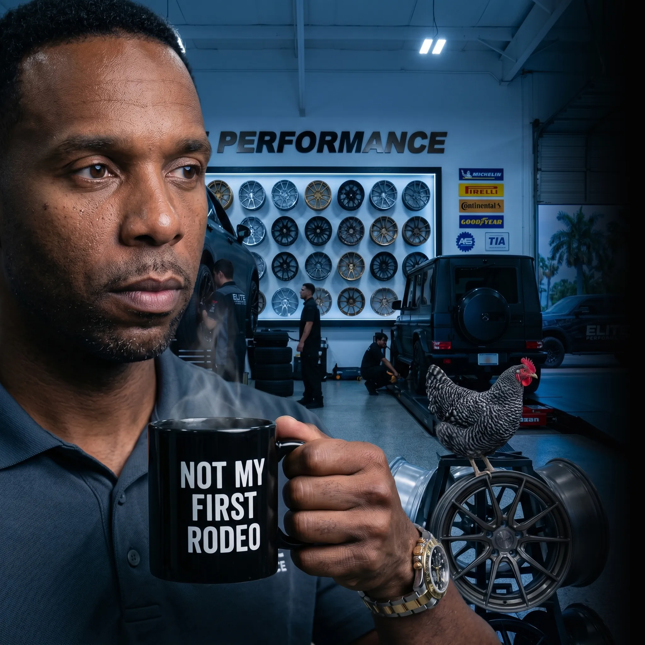 First Coast tire and wheel owner with crew working on roof — tire and wheel marketing services