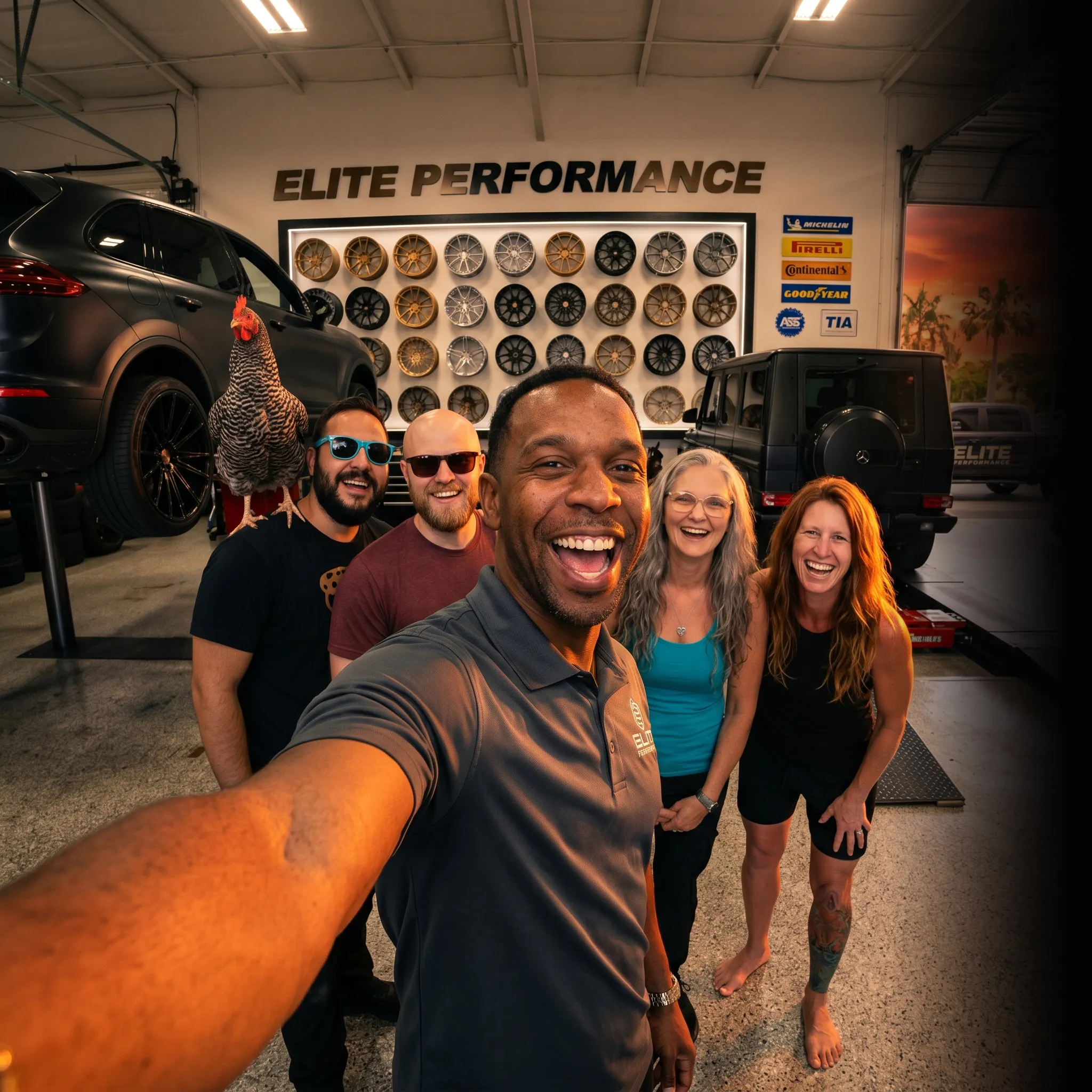 First Coast tire and wheel crew selfie at sunset — social media for tire shops