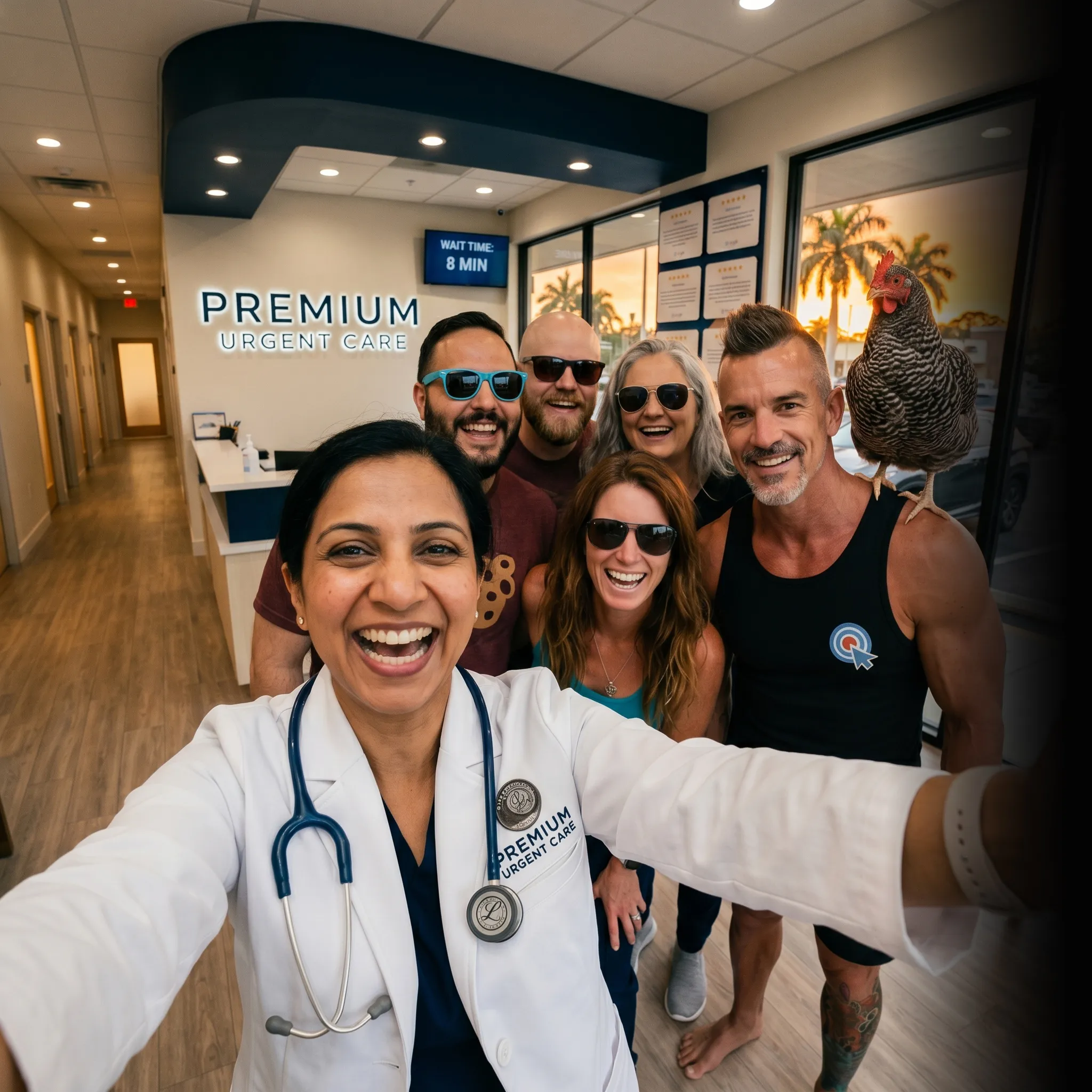 First Coast urgent care crew selfie at sunset — social media for urgent care clinics