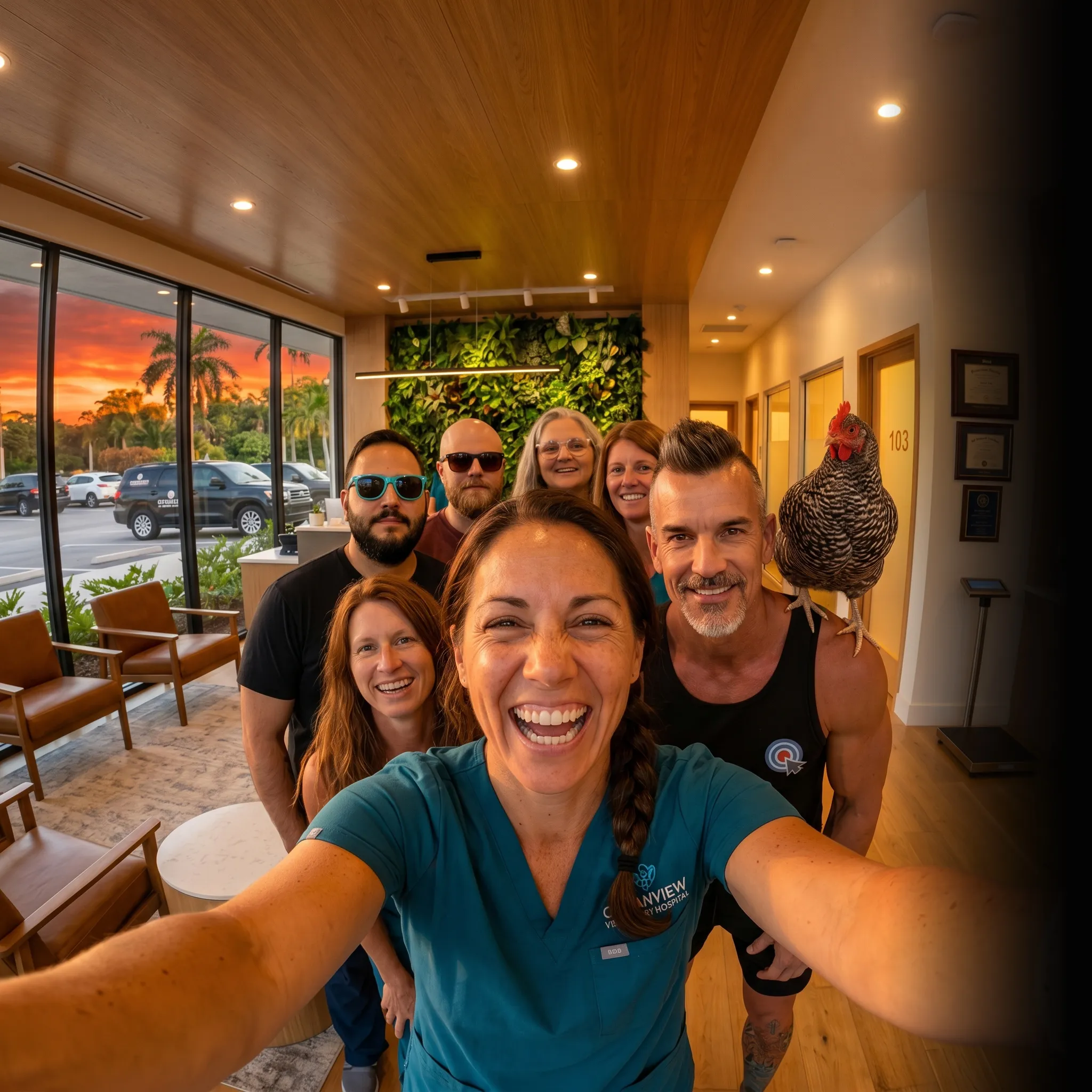 First Coast veterinary crew selfie at sunset — social media for veterinarians