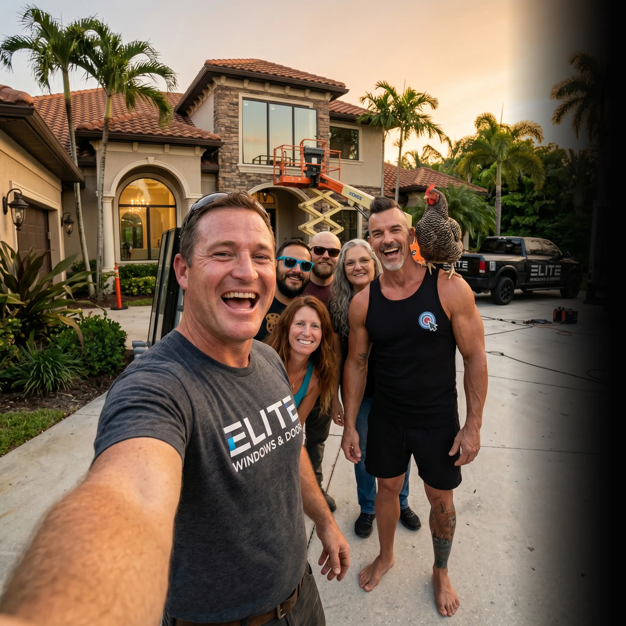 First Coast window installation crew selfie at sunset — social media for window installers