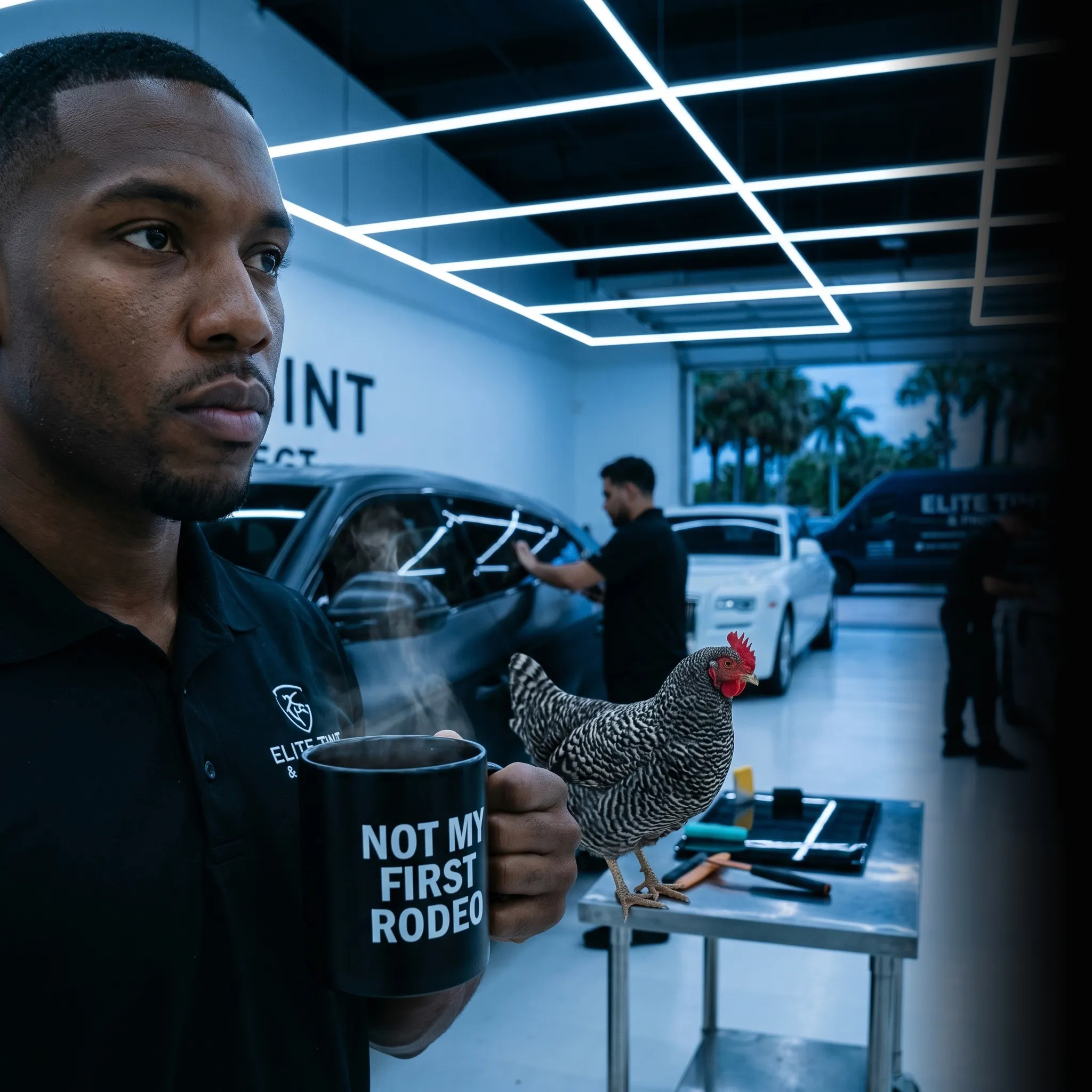 First Coast window tinting owner with crew working on roof — window tinting marketing services