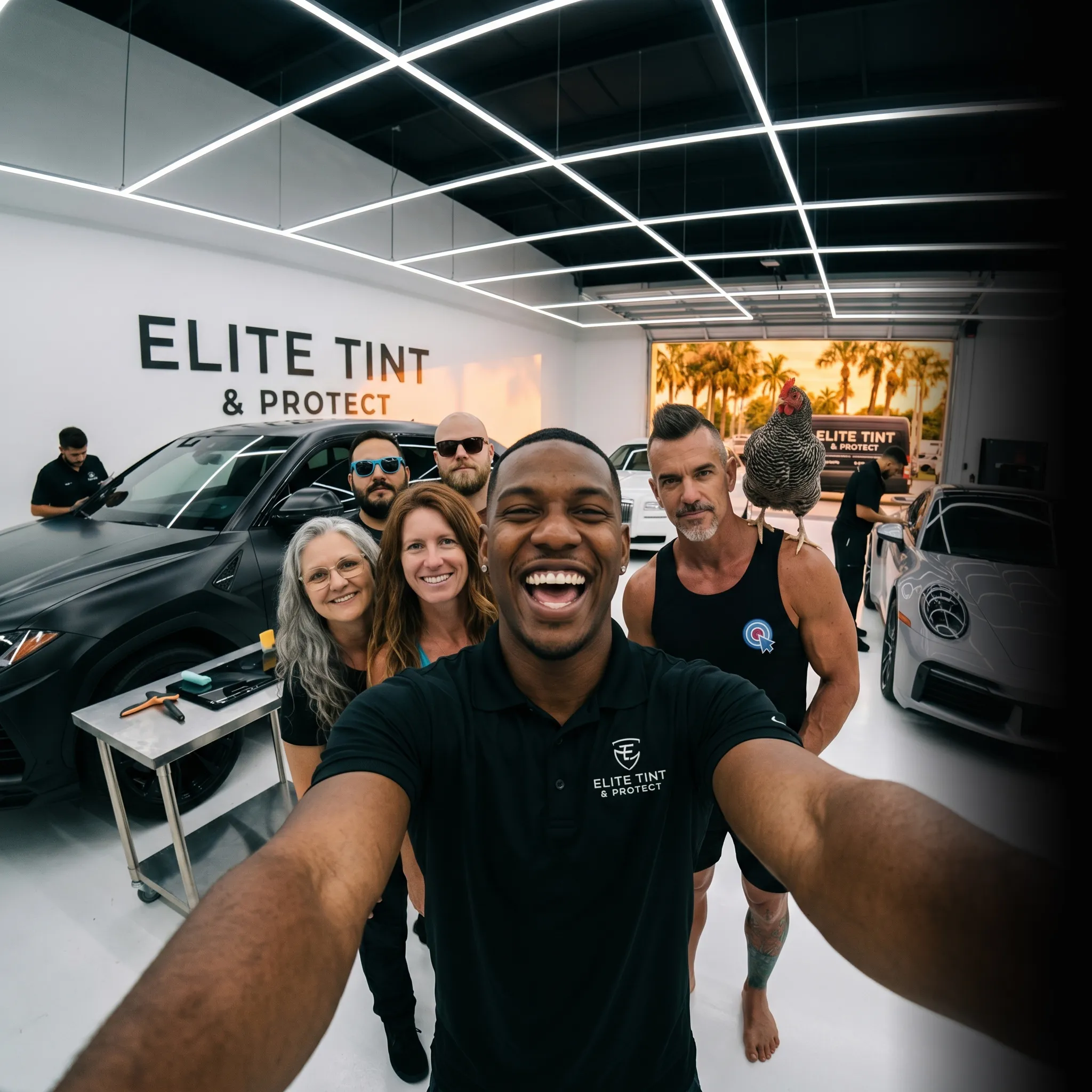 First Coast window tinting crew selfie at sunset — social media for window tinters