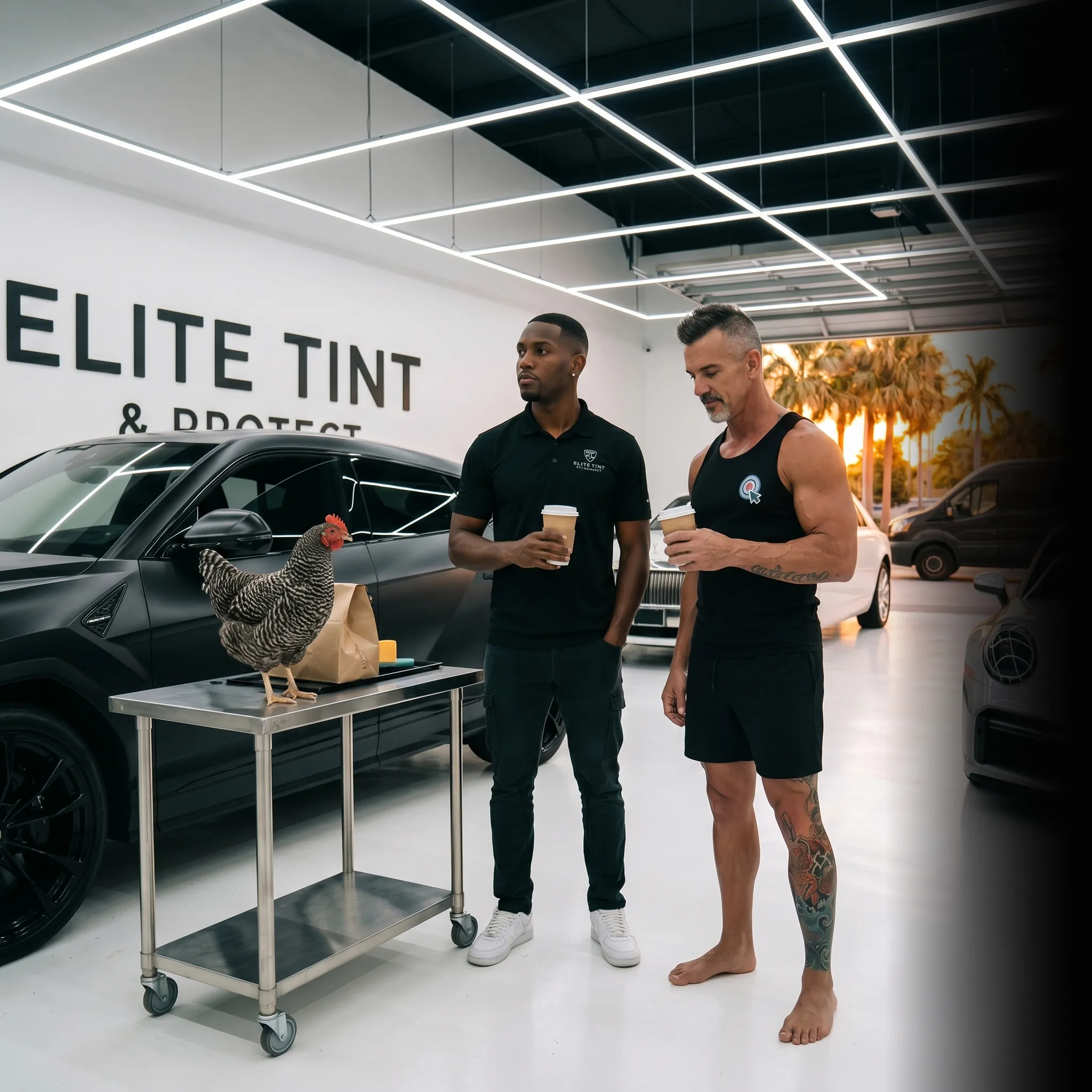 window tinting partners on tailgate with revenue dashboard — one unified marketing system